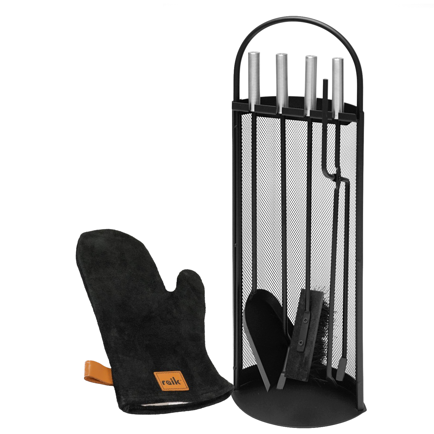 Kaminbesteck Albert mit Raik Kaminhandschuh Rindsleder, 4-teilig, schwarz, Edelstahlgriffe, 66 cm