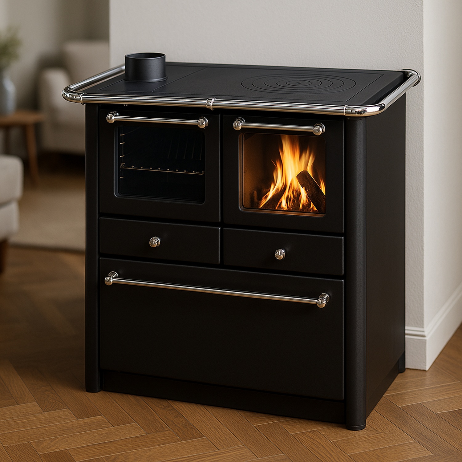 Westminster cuisinière à bois K 85 F II anthracite raccordement tuyaux gauche