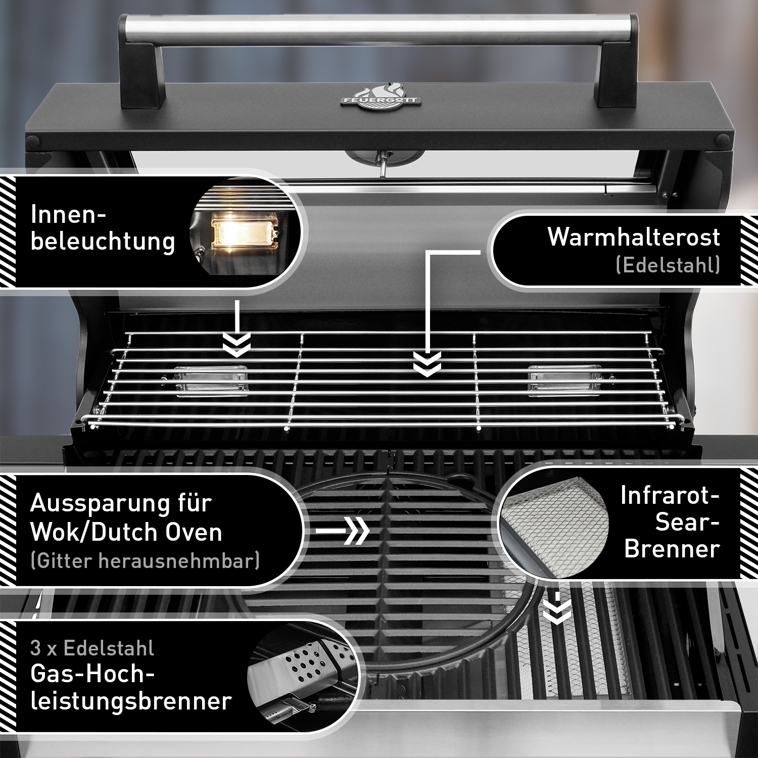 FEUERGOTT Gas-Grillstation Hektor 3B-S Pizza Set mit Abdeckhaube, Drehspieß, Pizzastein, Grillutensilien, Pizzaschneider, Infrarotbrenner, Seitenkocher
