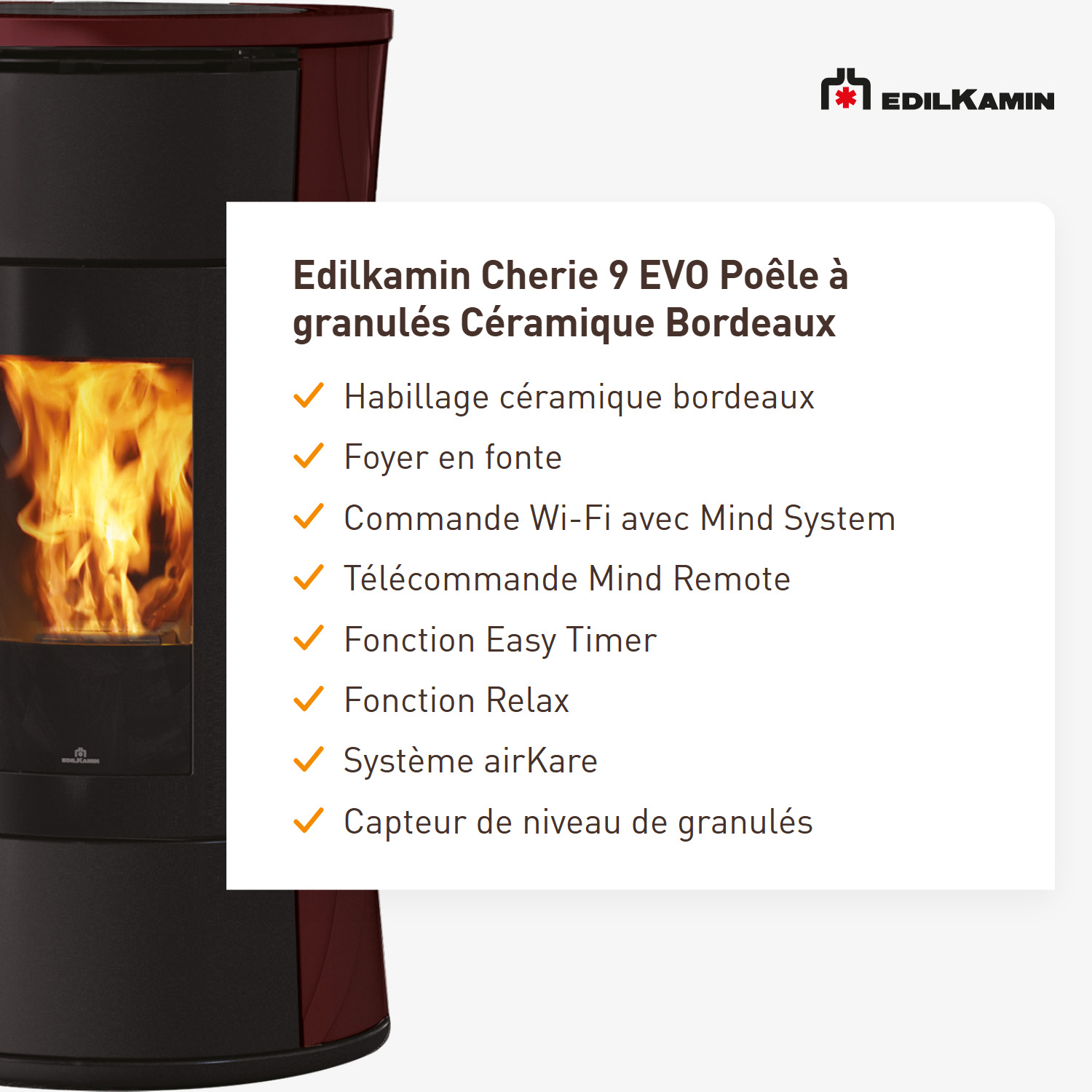Edilkamin Cherie 9 EVO Poêle à granulés Céramique Bordeaux