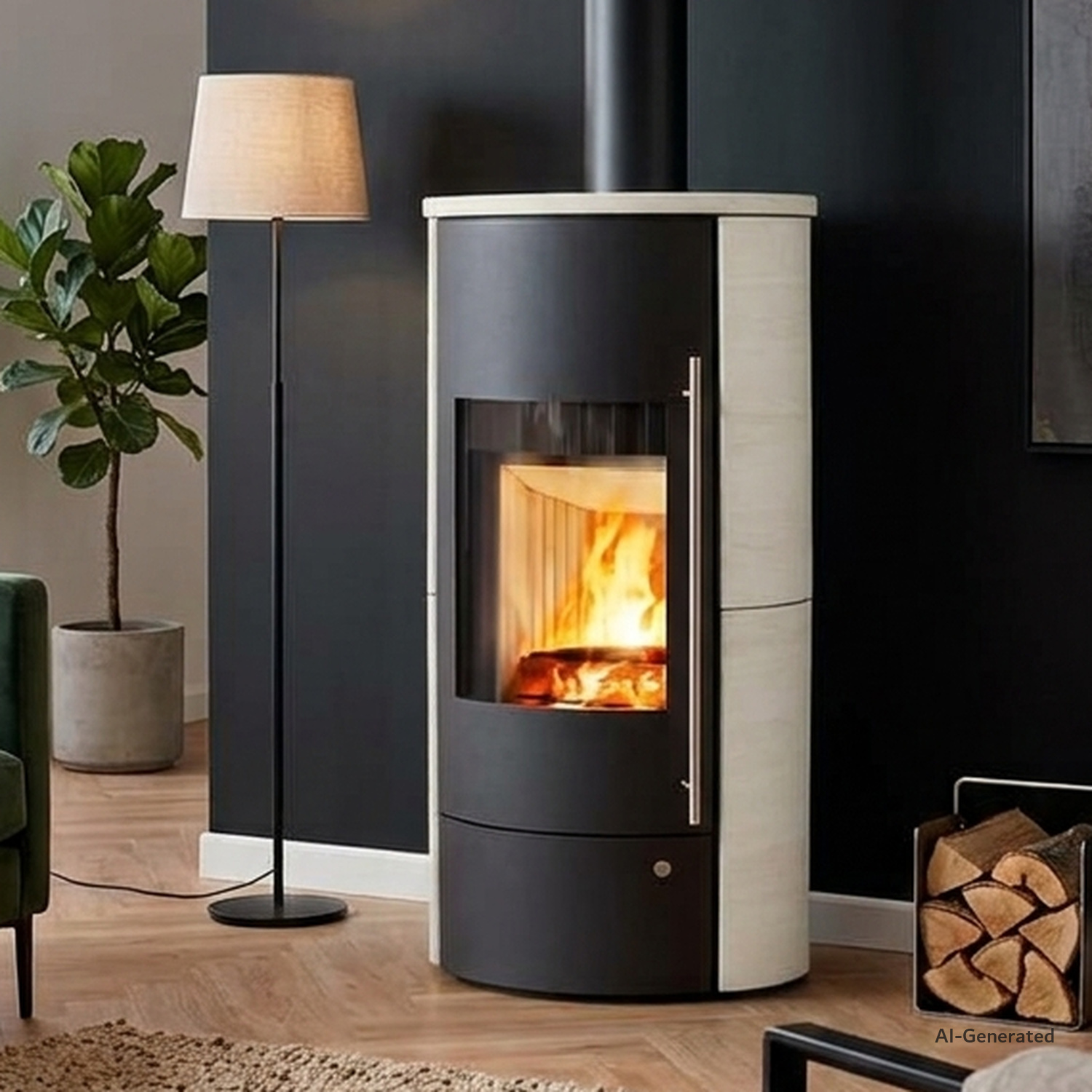 KI-generierte Darstellung: Olsberg Lombok PowerSystem Kaminofen Keramik caffe freddo in einem Wohnzimmer mit Holzboden, Pflanze und brennendem Feuer