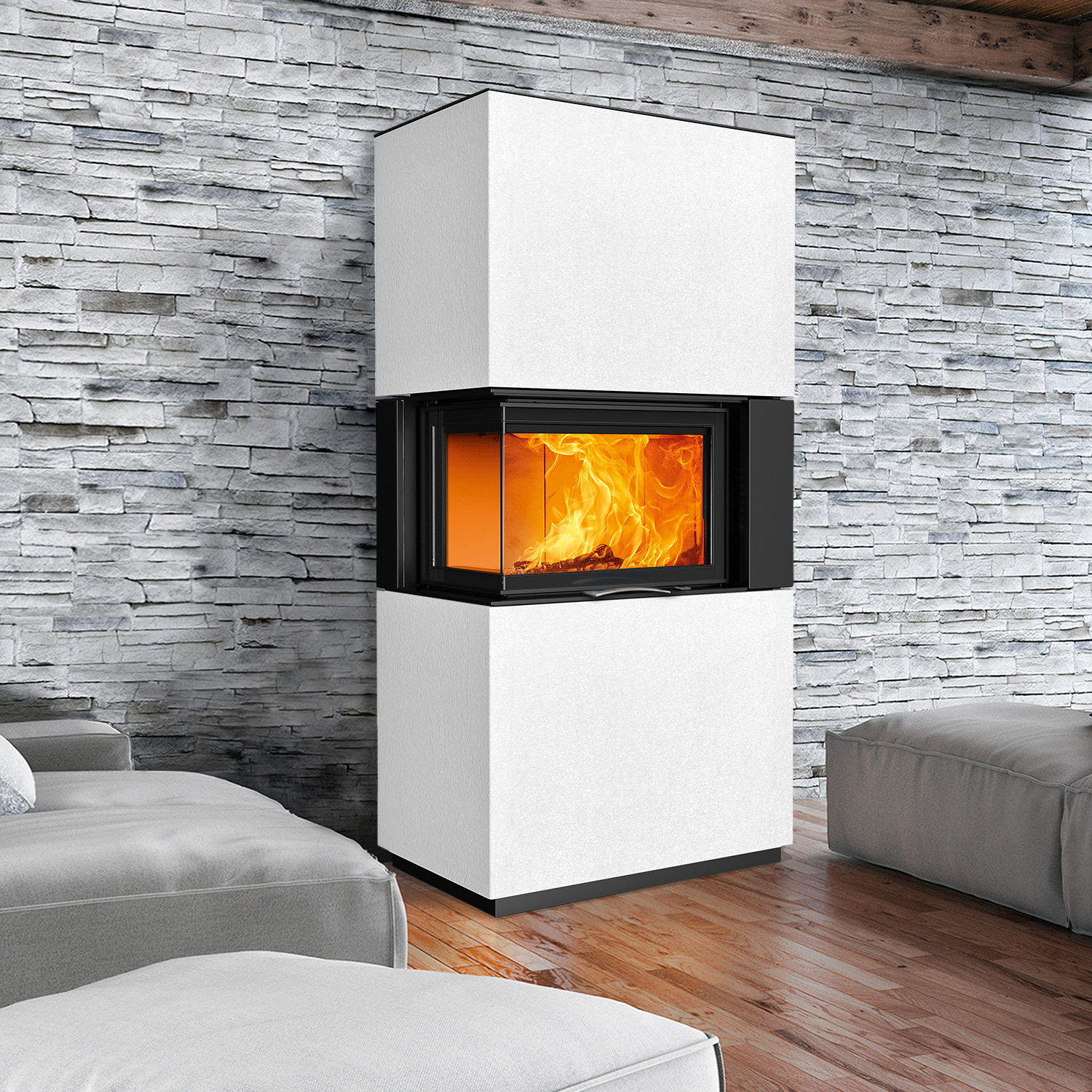 Austroflamm Sam 2.0 Kaminbausatz Eckverglasung links mit Schiebetür Beton Polar White