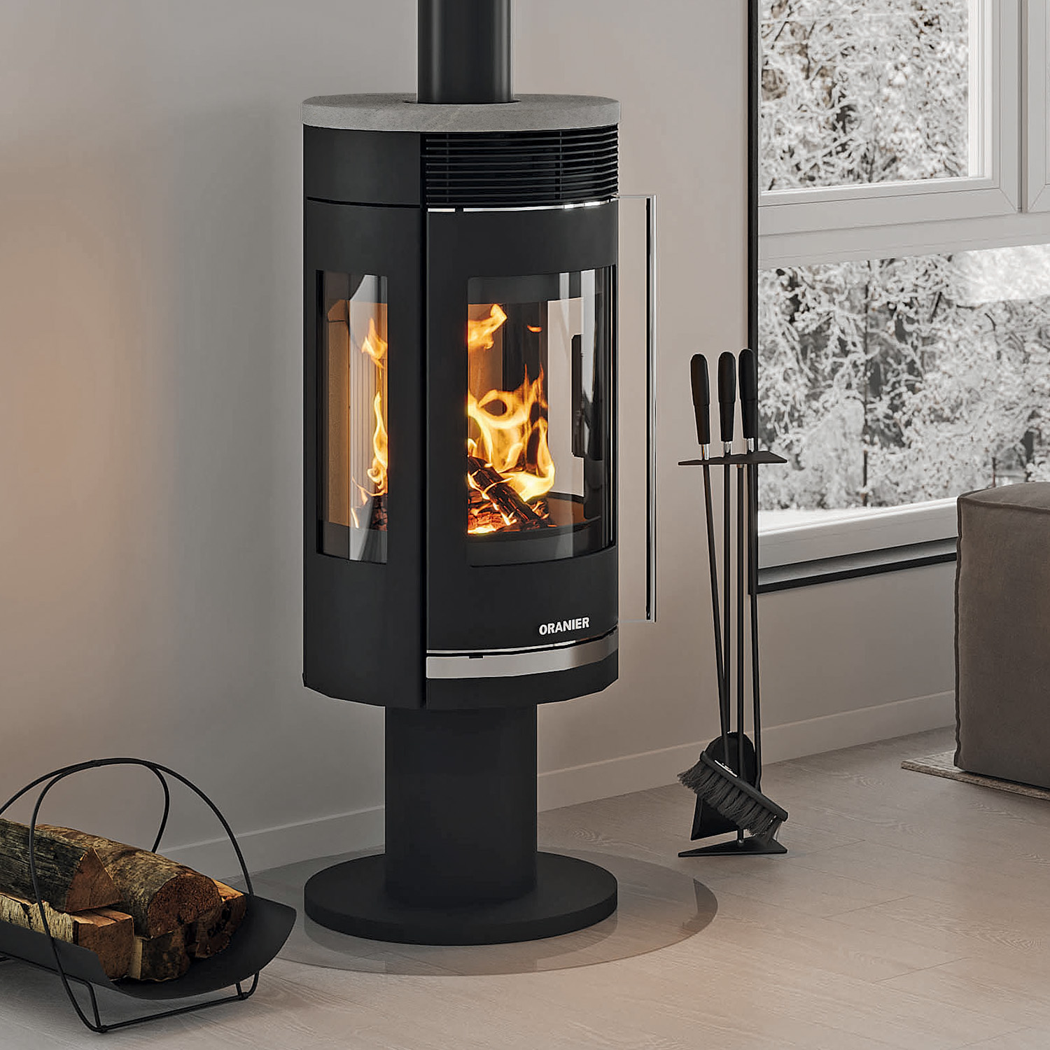 Oranier Rota Twist Kaminofen Stahl Schwarz / Topplatte Speckstein