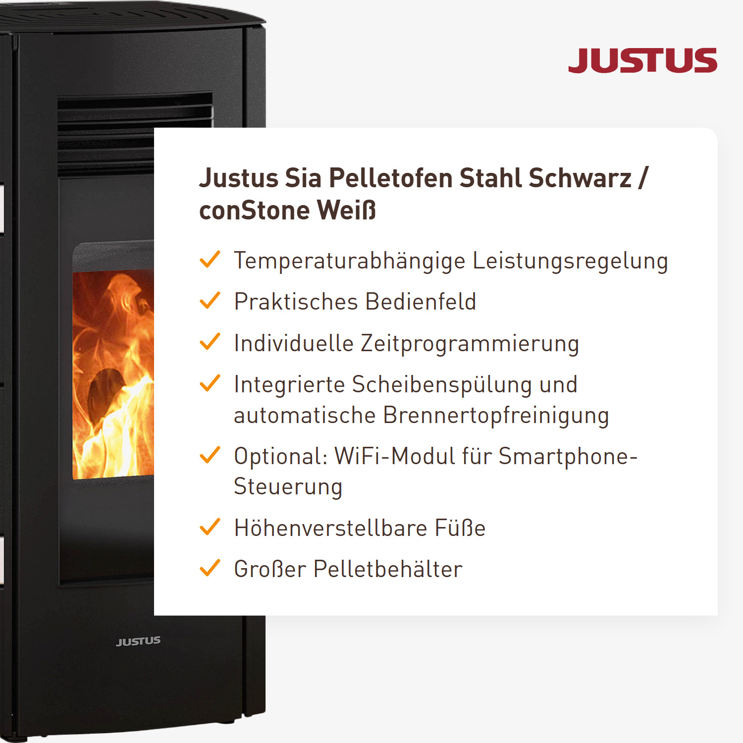 Justus Sia Pelletofen Stahl Schwarz / conStone Weiß