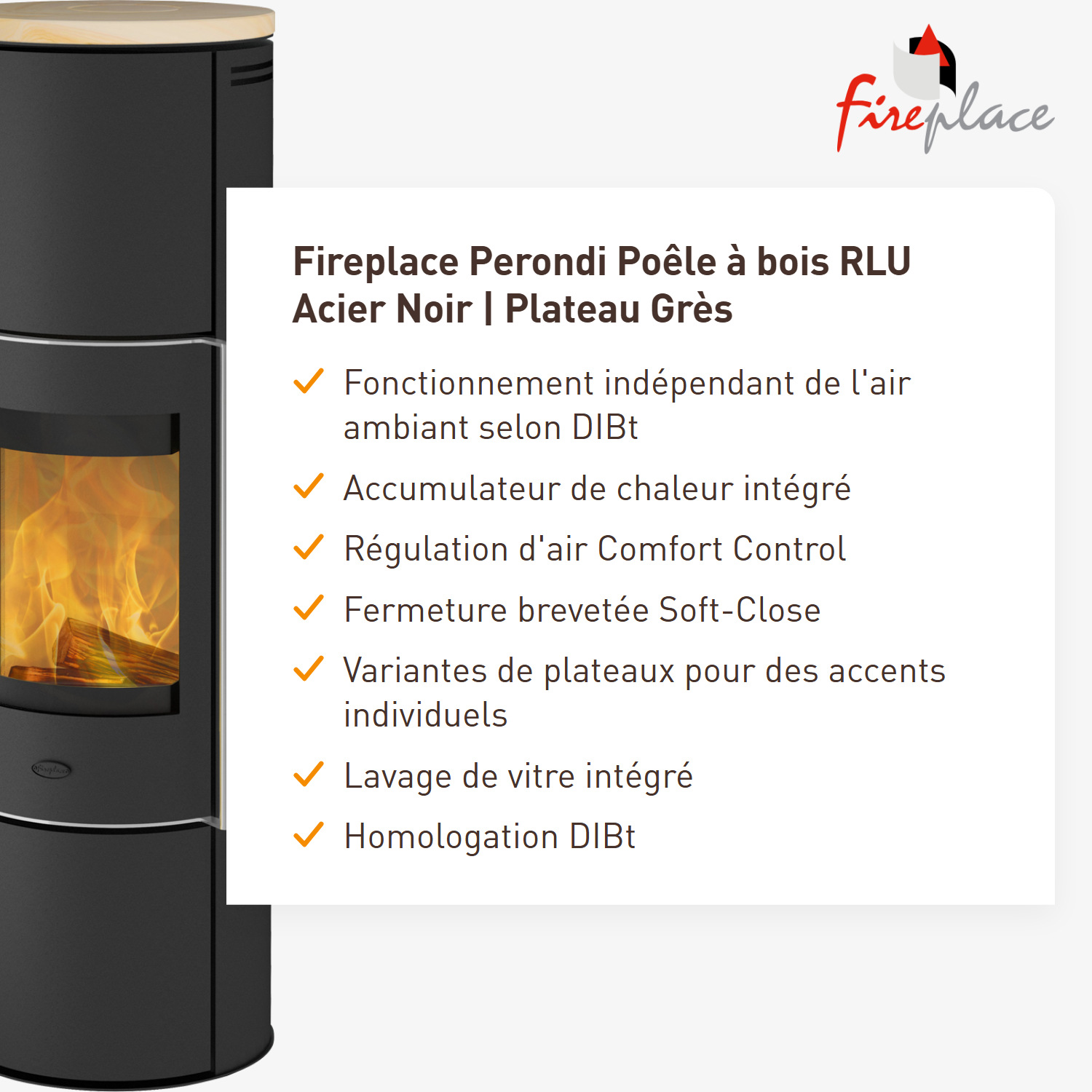 Cheminée Perondi Poêle à bois RLU Acier Noir | Plaque supérieure en grès