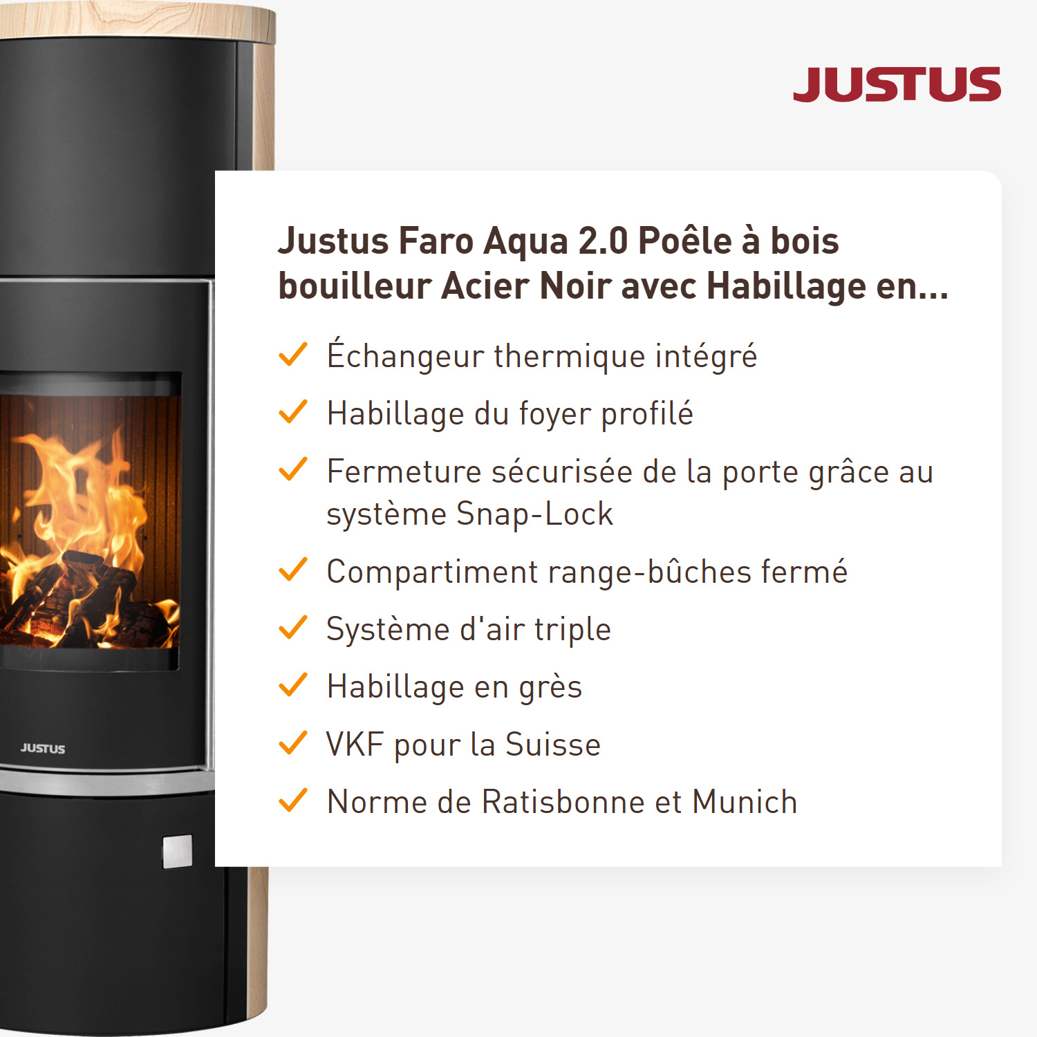 Justus Faro Aqua 2.0 Poêle à bois bouilleur acier noir avec habillage en grès