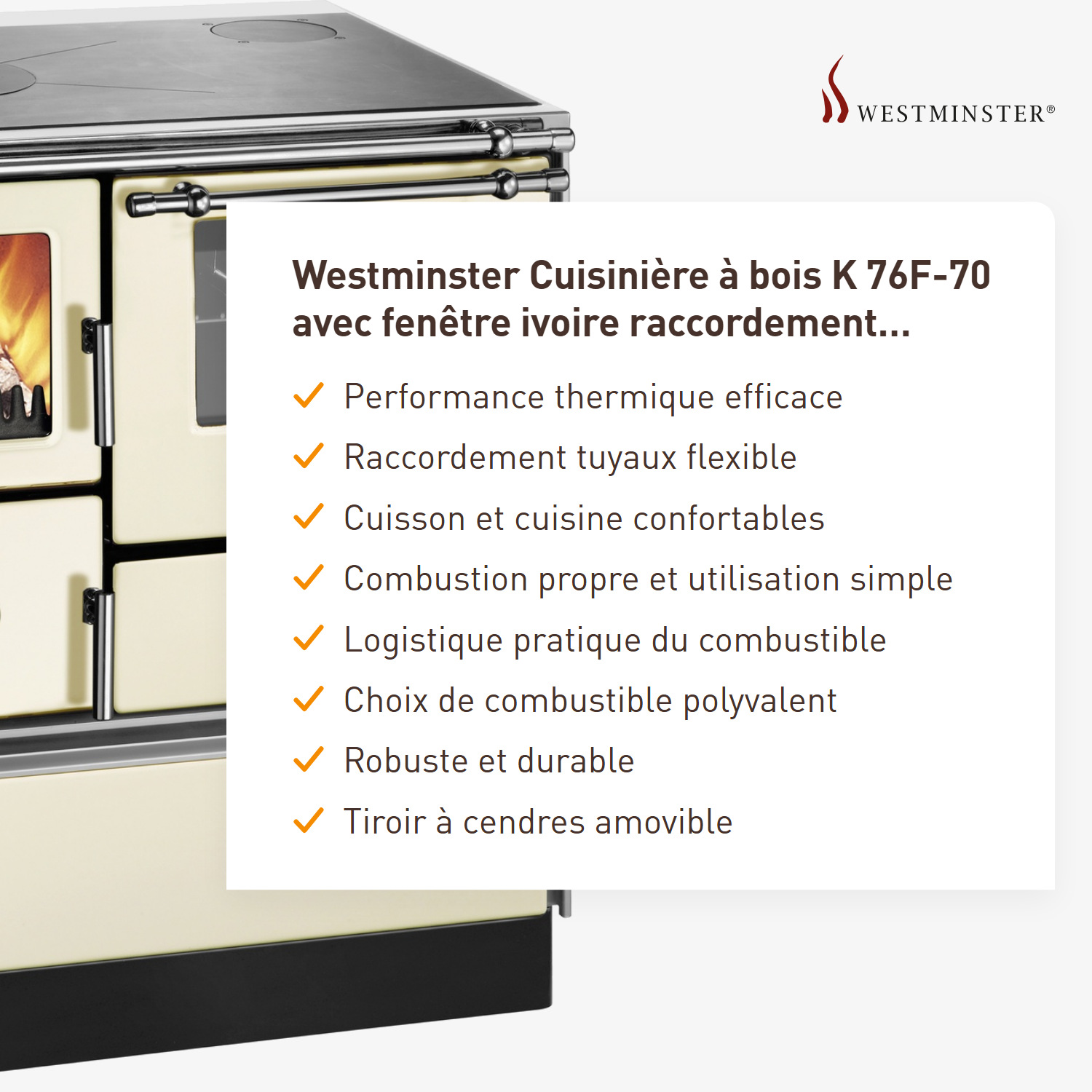 Westminster cuisinière à bois K 76F-70 avec fenêtre ivoire raccordement tuyaux gauche
