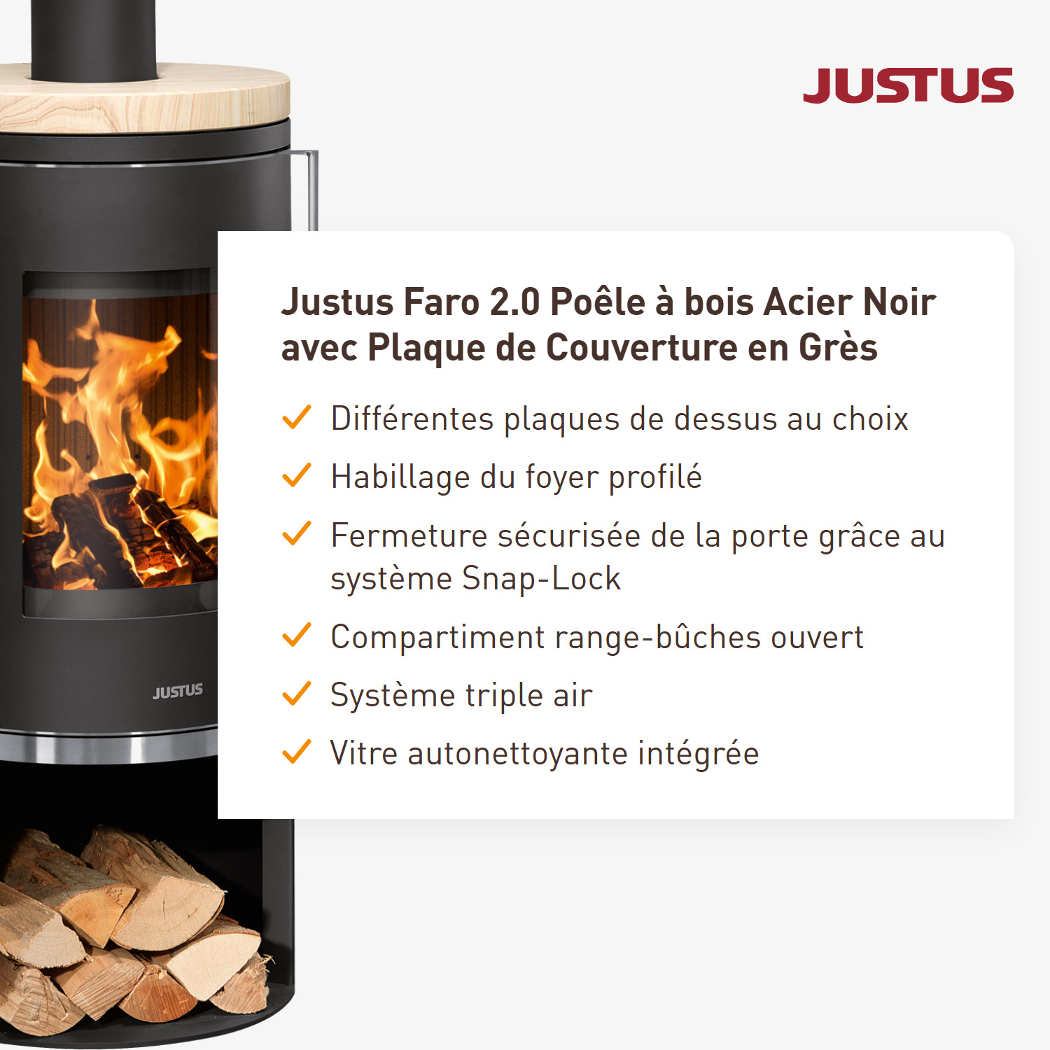 Justus Faro 2.0 Poêle à bois acier noir avec plaque de recouvrement en grès