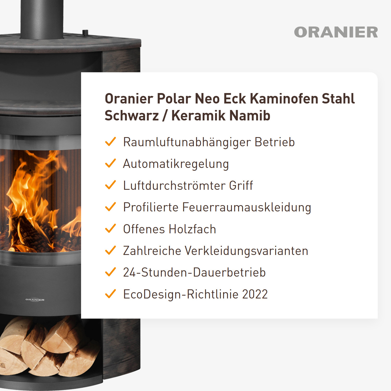 Oranier Polar Neo Eck Kaminofen Stahl Schwarz / Keramik Namib