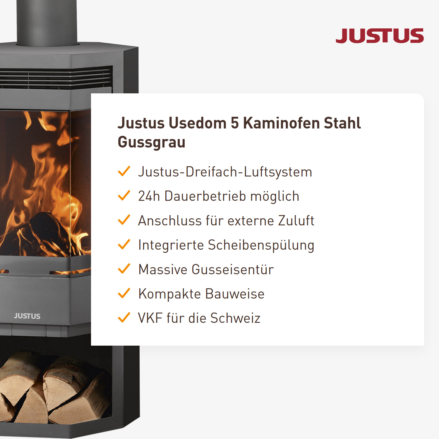 Justus Usedom 5 Kaminofen Stahl Gussgrau