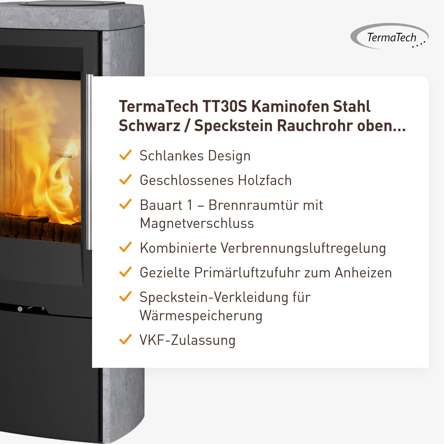 TermaTech TT30S Kaminofen Stahl Schwarz / Speckstein Rauchrohr oben / hinten