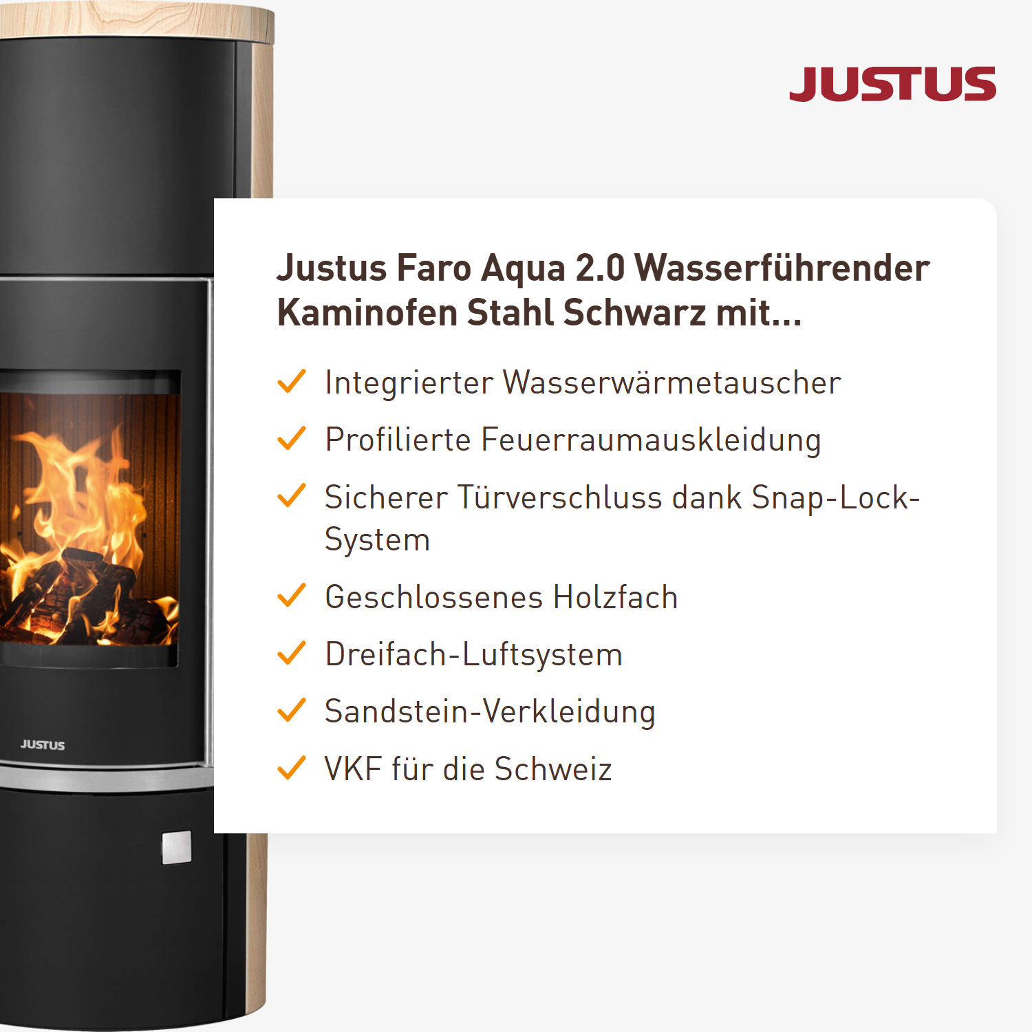 Justus Faro Aqua 2.0 Wasserführender Kaminofen Stahl Schwarz mit Sandstein-Verkleidung