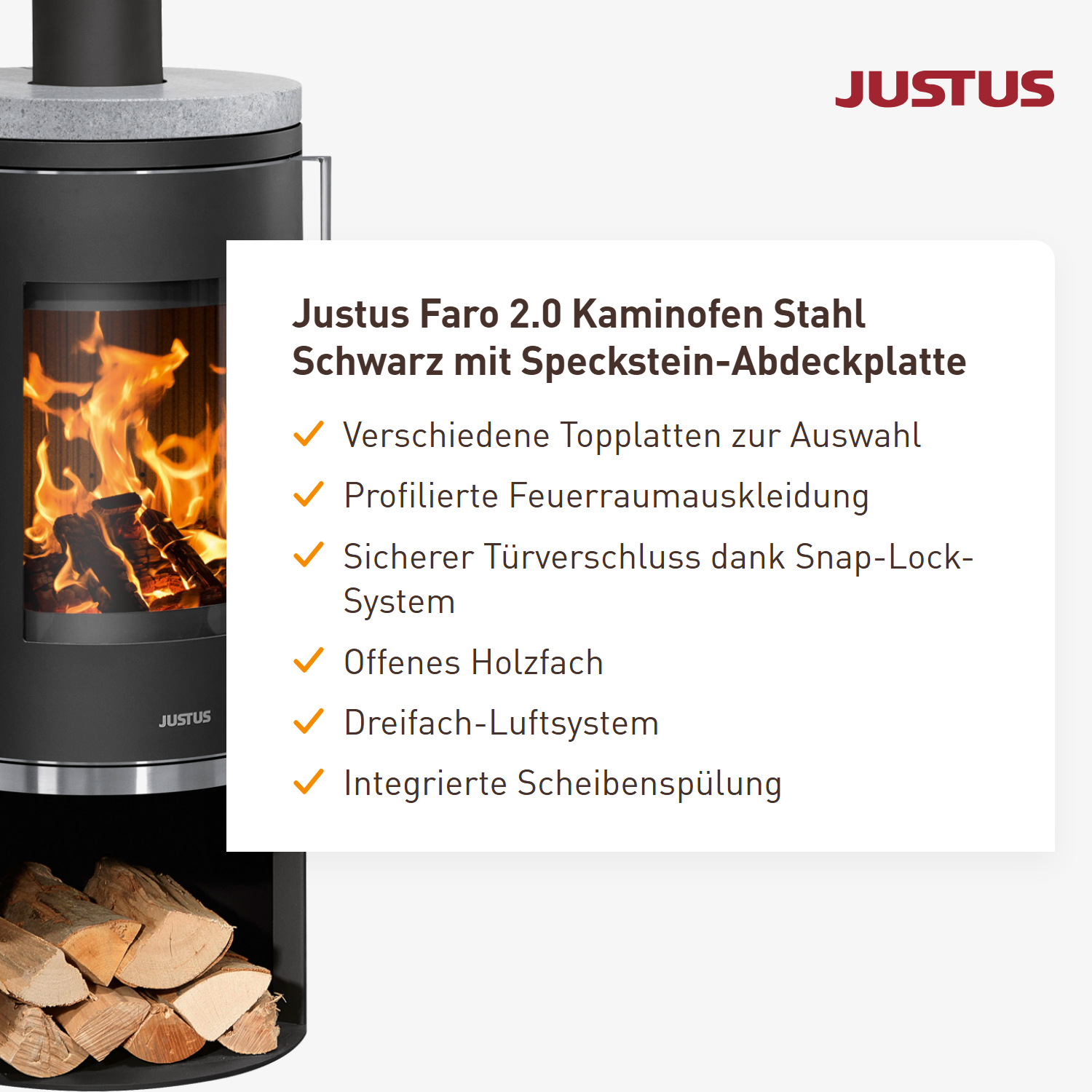 Justus Faro 2.0 Kaminofen Stahl Schwarz mit Speckstein-Abdeckplatte