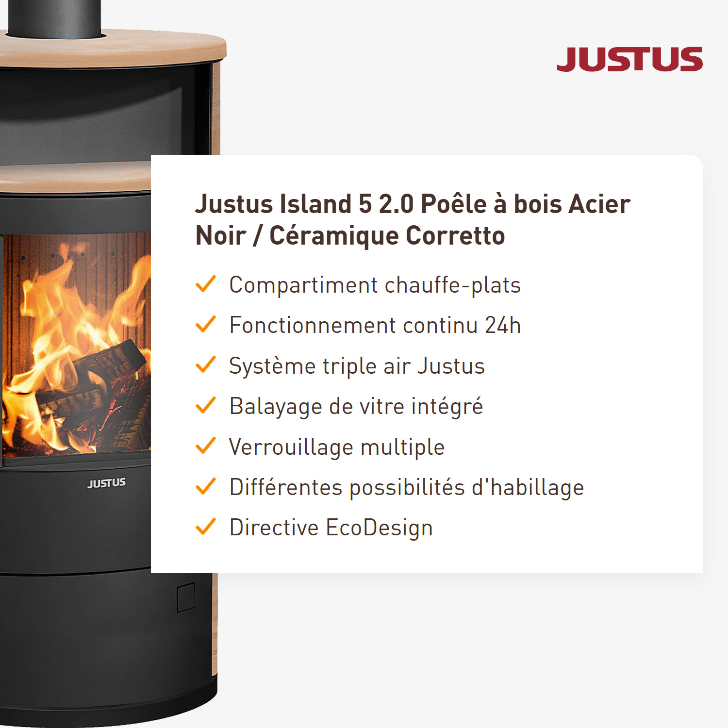 Justus Island 5 2.0 Poêle à bois en acier noir / Céramique Corretto