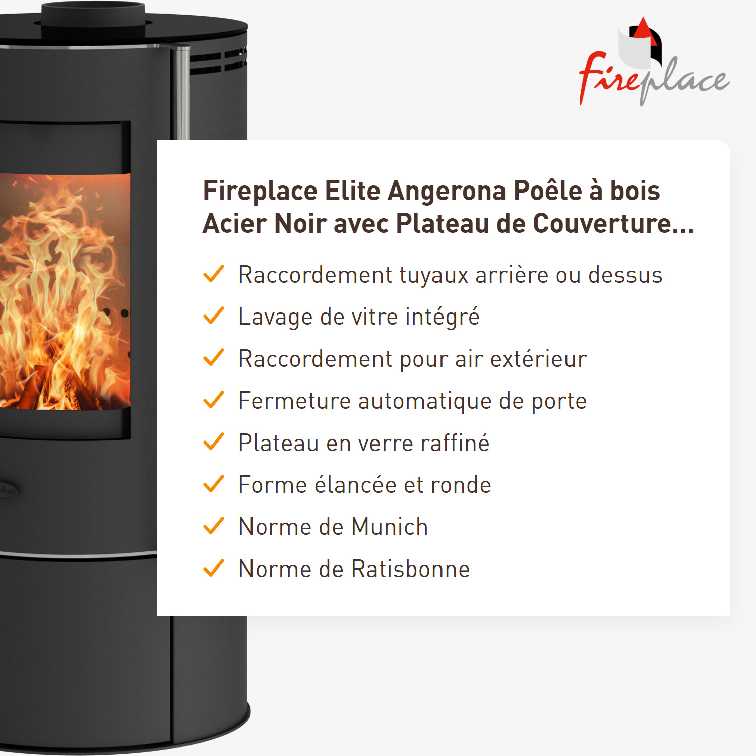 Poêle à bois Fireplace Elite Angerona en acier noir avec plaque de recouvrement en verre + 1 m³ de bois de chauffage gratuit