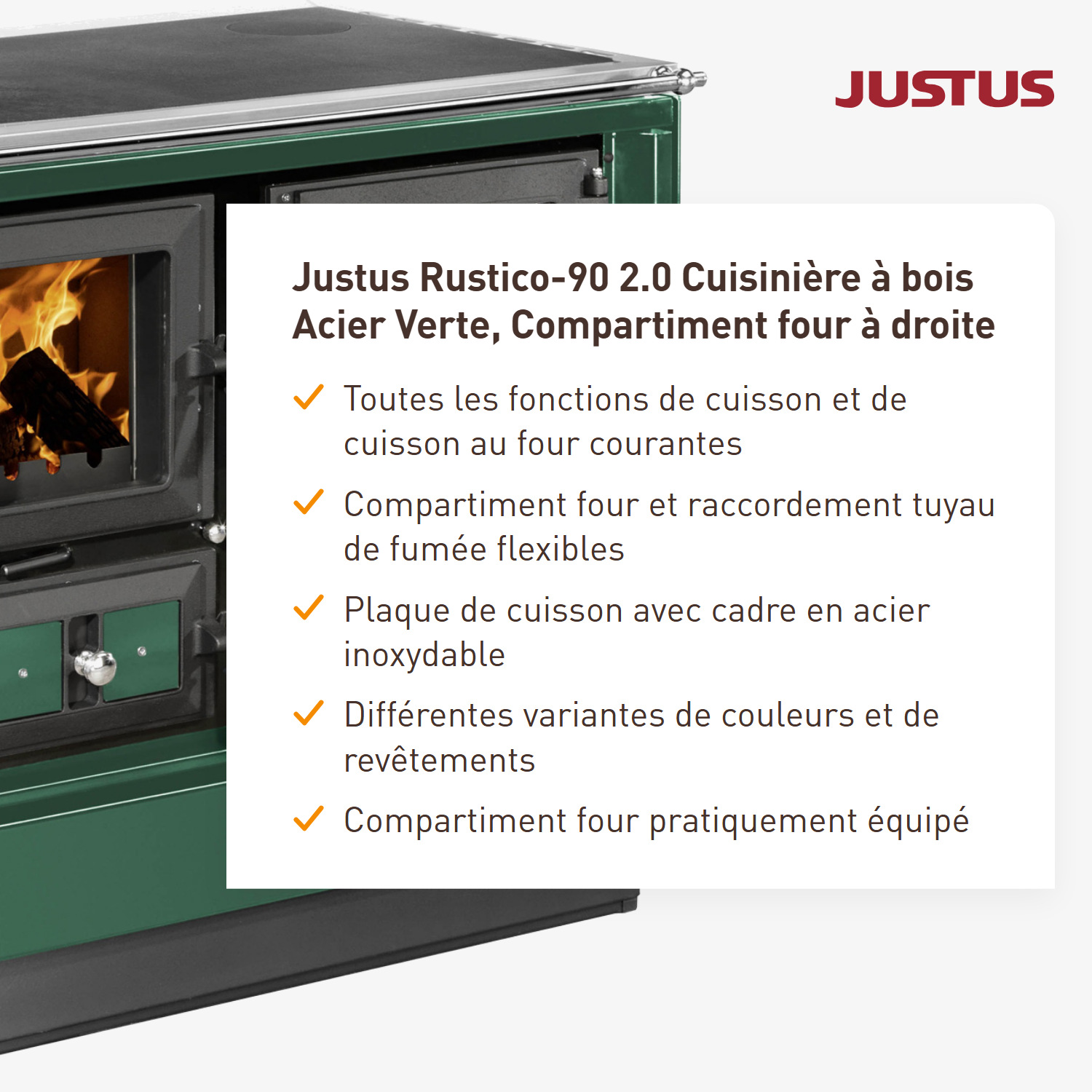 Justus Rustico-90 2.0 Poêle à bois en acier vert, four à droite