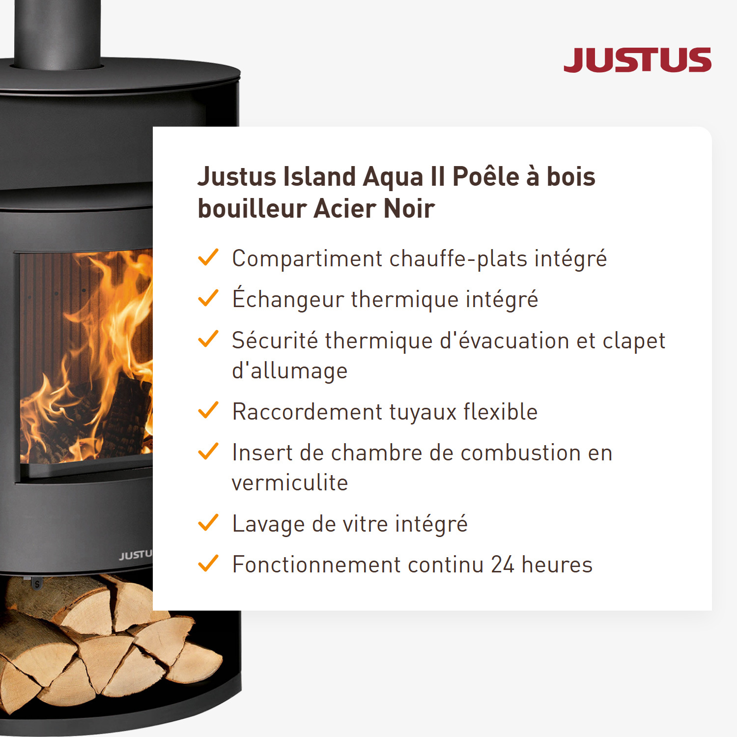 Justus Island Aqua II Poêle à bois hydraulique Acier Noir