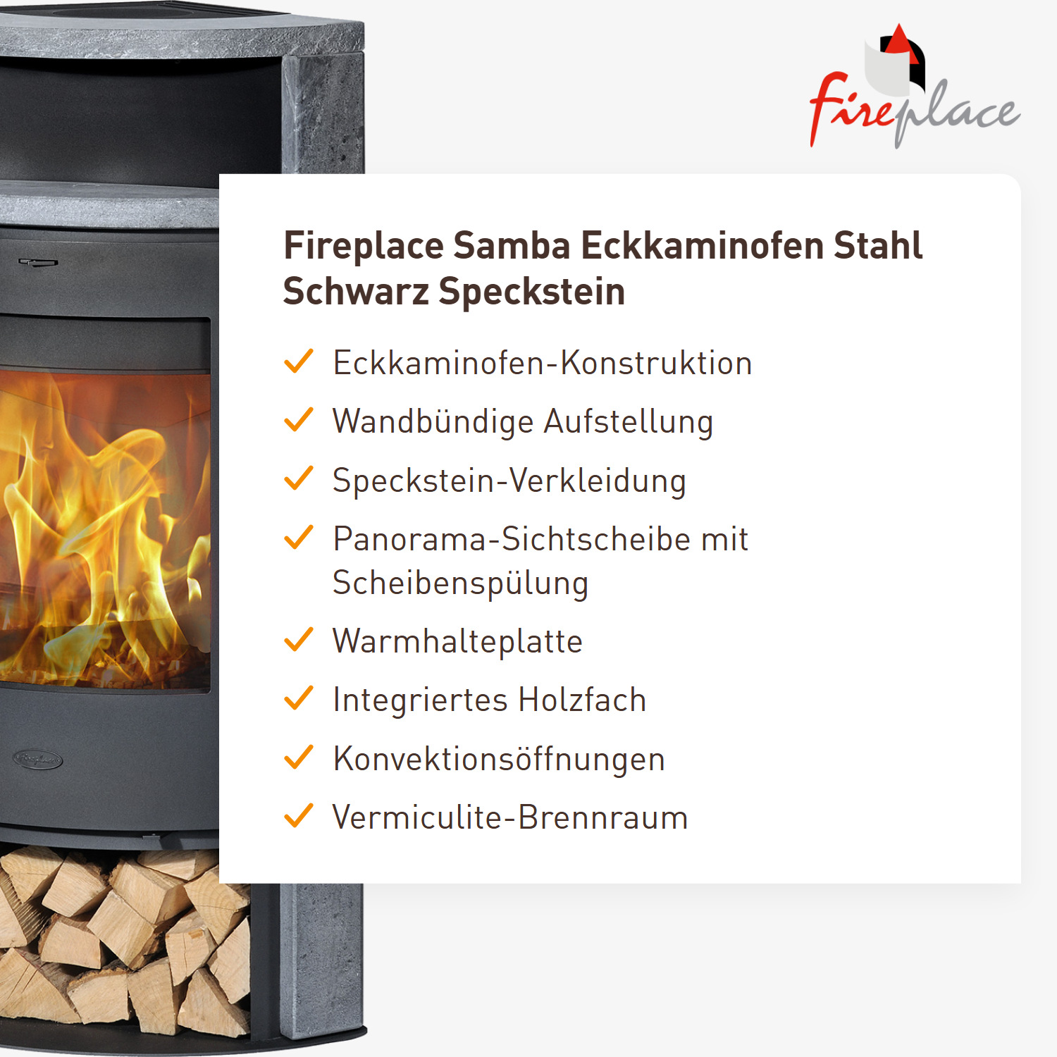 Fireplace Samba Eckkaminofen Stahl Schwarz Speckstein
