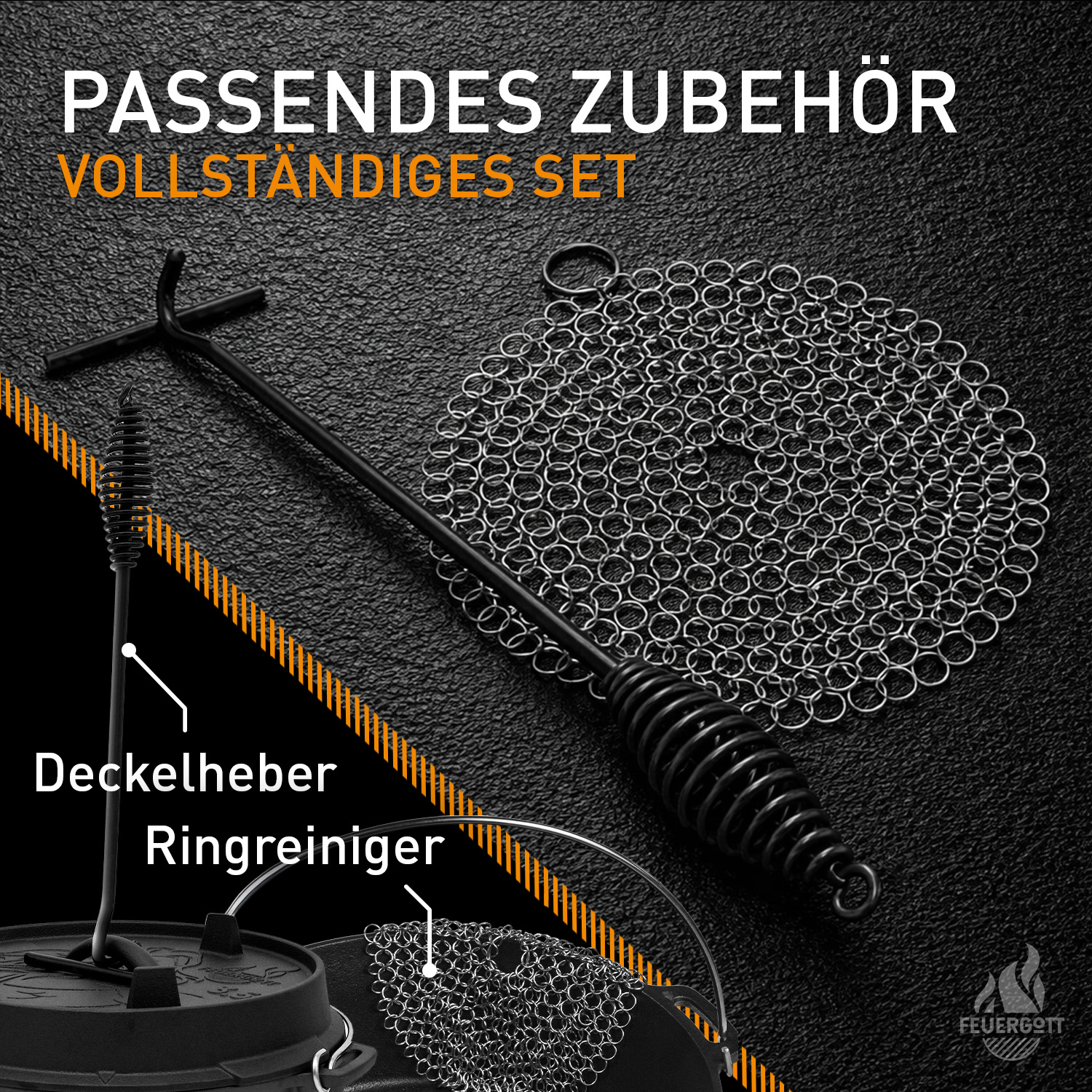 FEUERGOTT Dutch Oven 1,5 l mit Füßen im Set mit Deckelheber und Ringreiniger