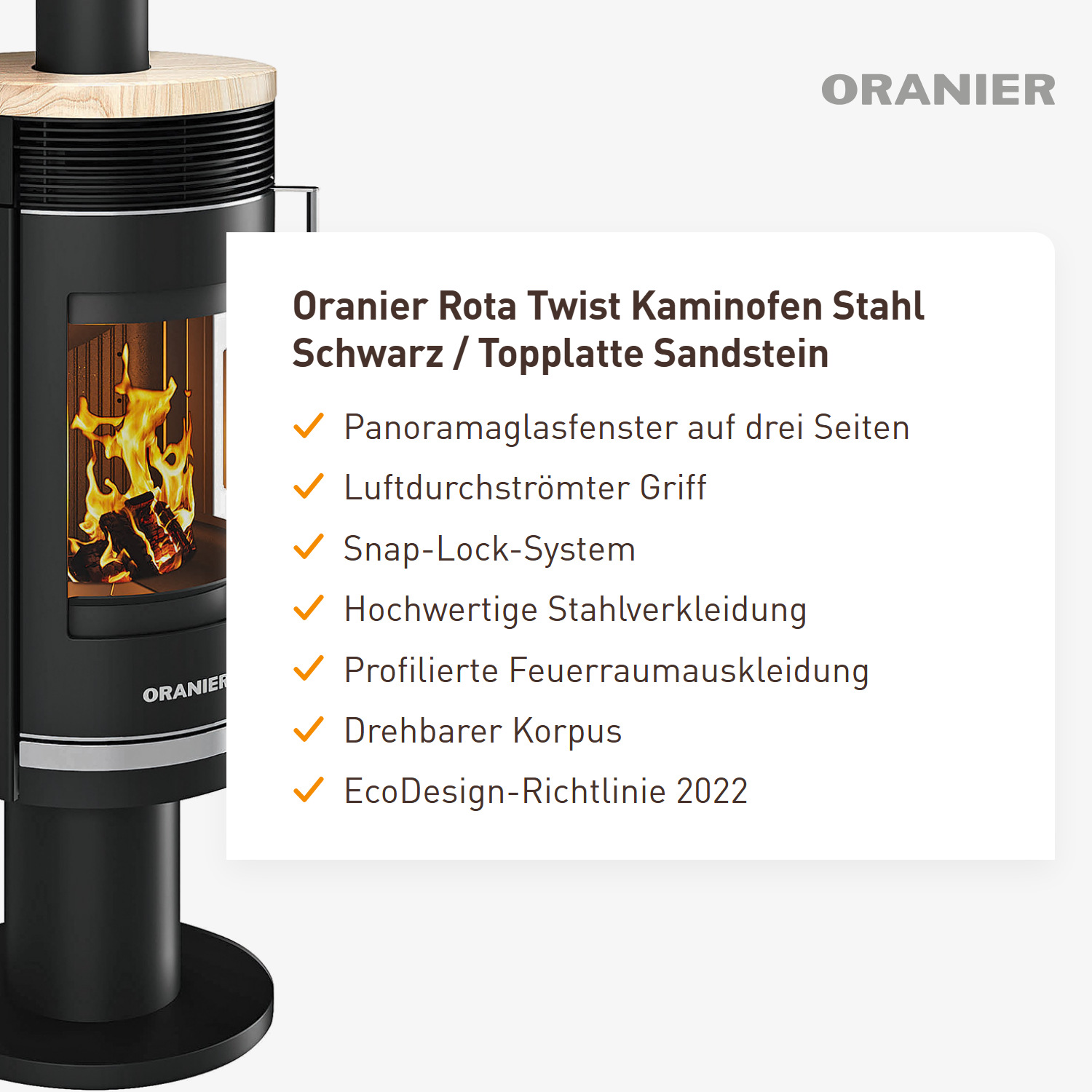 Oranier Rota Twist Kaminofen Stahl Schwarz / Topplatte Sandstein