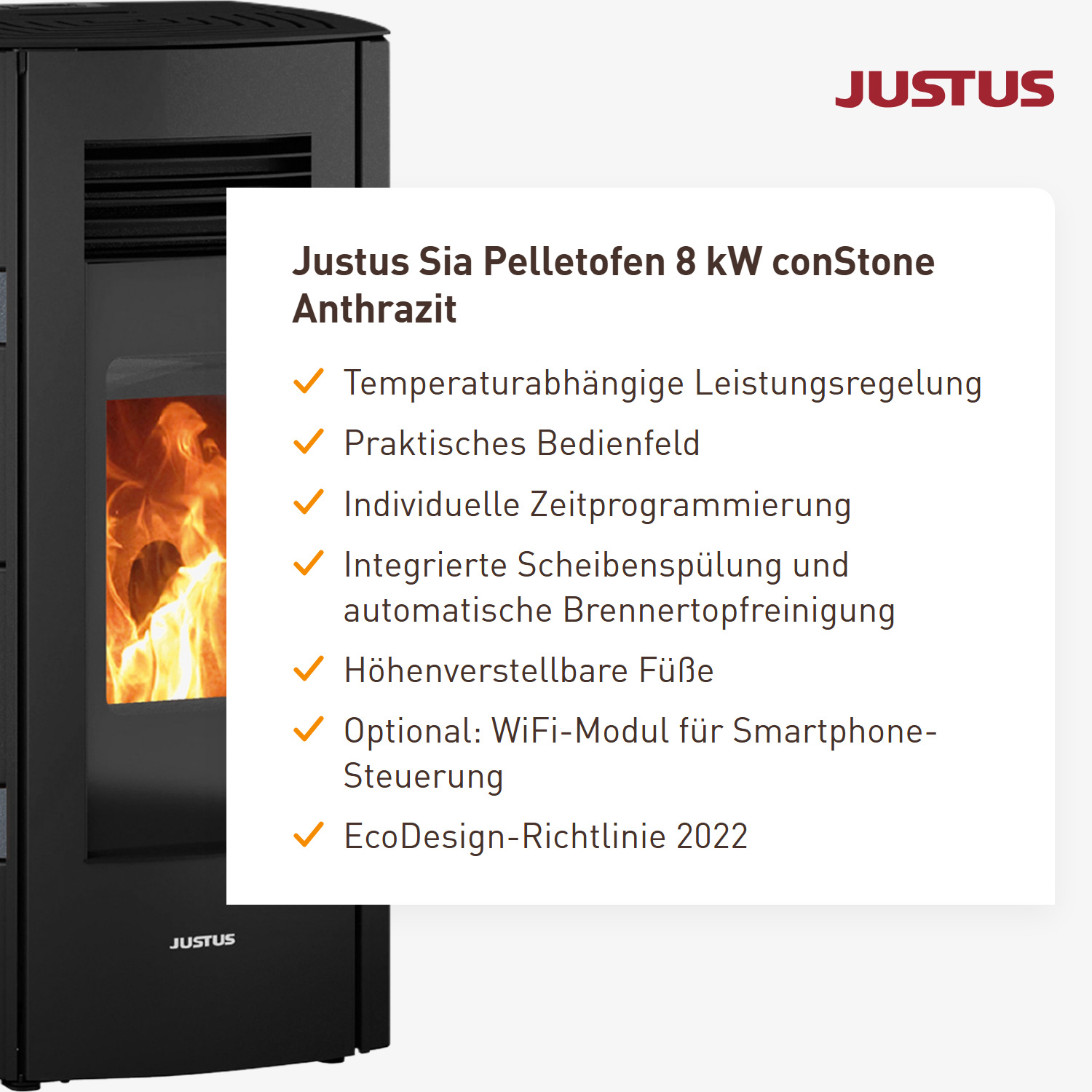 Justus Sia Pelletofen Stahl Schwarz / conStone Anthrazit