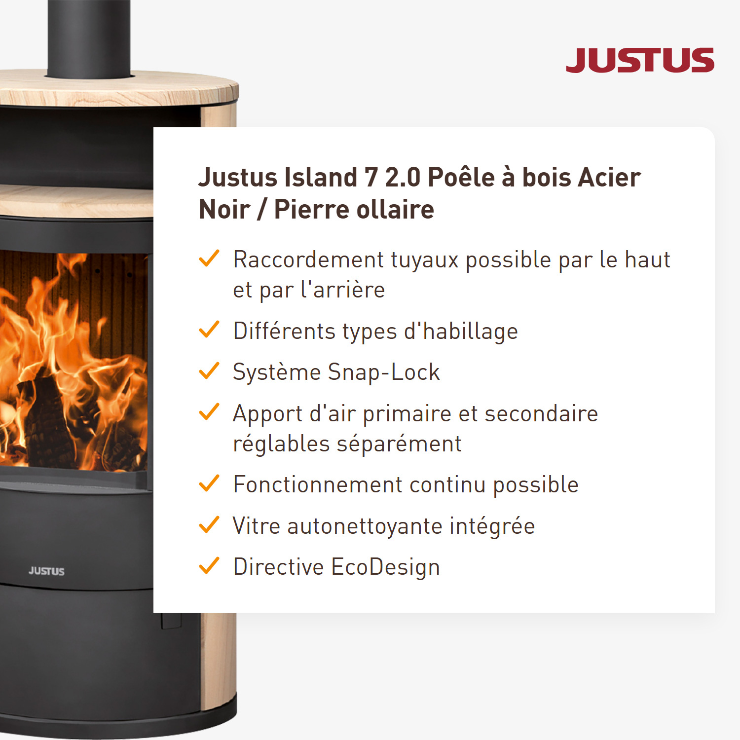 Justus Island 7 2.0 Poêle à bois acier noir / grès