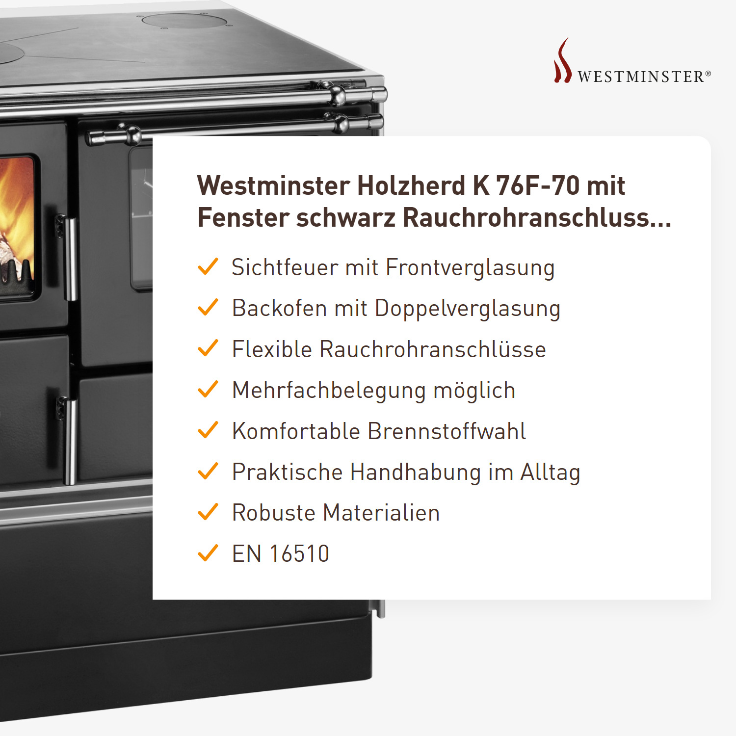 Westminster Holzherd K 76F-70 mit Fenster schwarz Rauchrohranschluss rechts