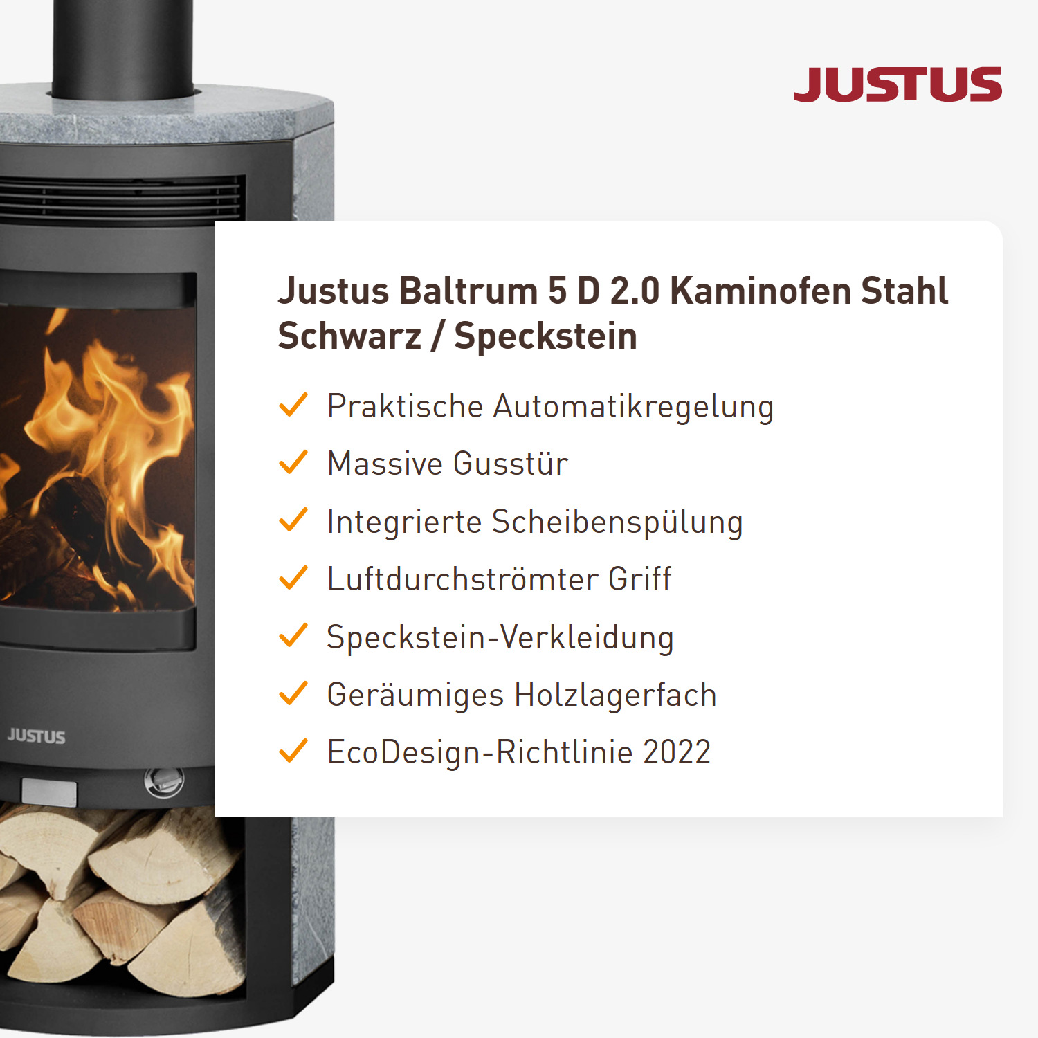 Justus Baltrum 5 D 2.0 Kaminofen Stahl Schwarz / Speckstein