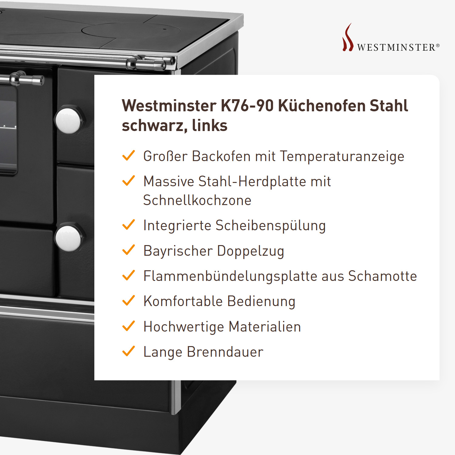 Westminster K76-90 Küchenofen Stahl schwarz, links