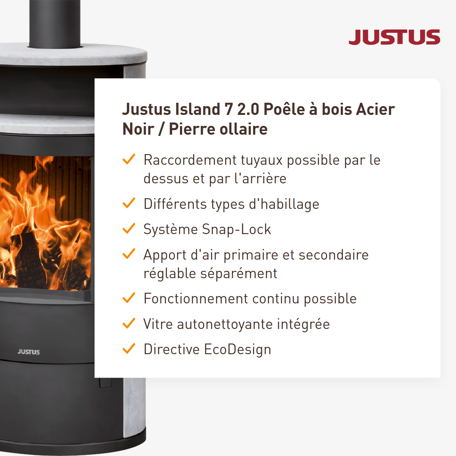Justus Island 7 2.0 Poêle à bois Acier Noir / Pierre ollaire