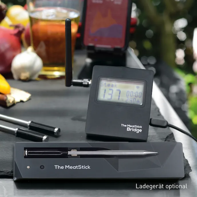 Fleischthermometer aus Edelstahl mit schwarzem Griff und WIFI-Bridge