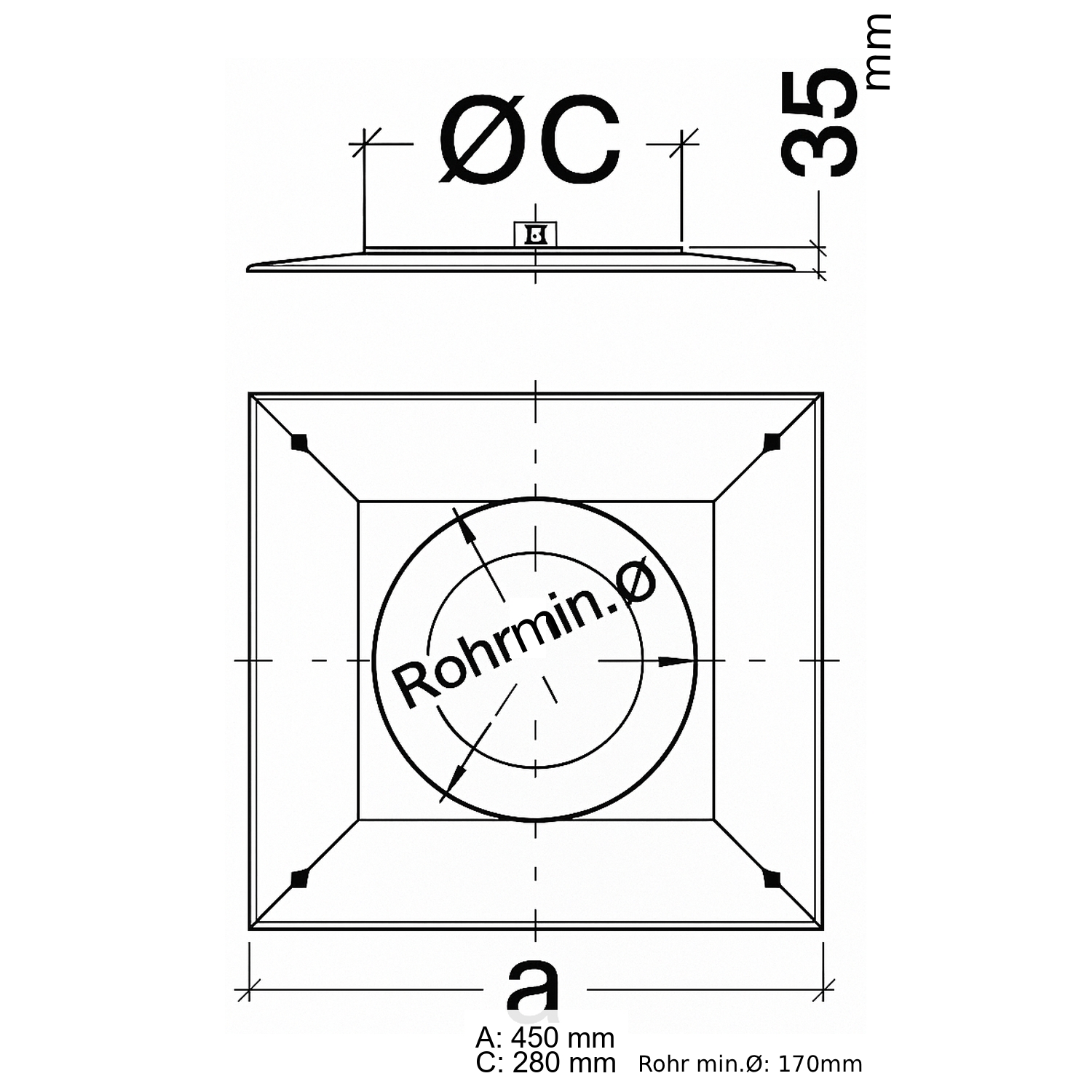 Schiedel Schachtabdeckung 450x450mm für Ø180 mm bis Ø230 mm glänzend