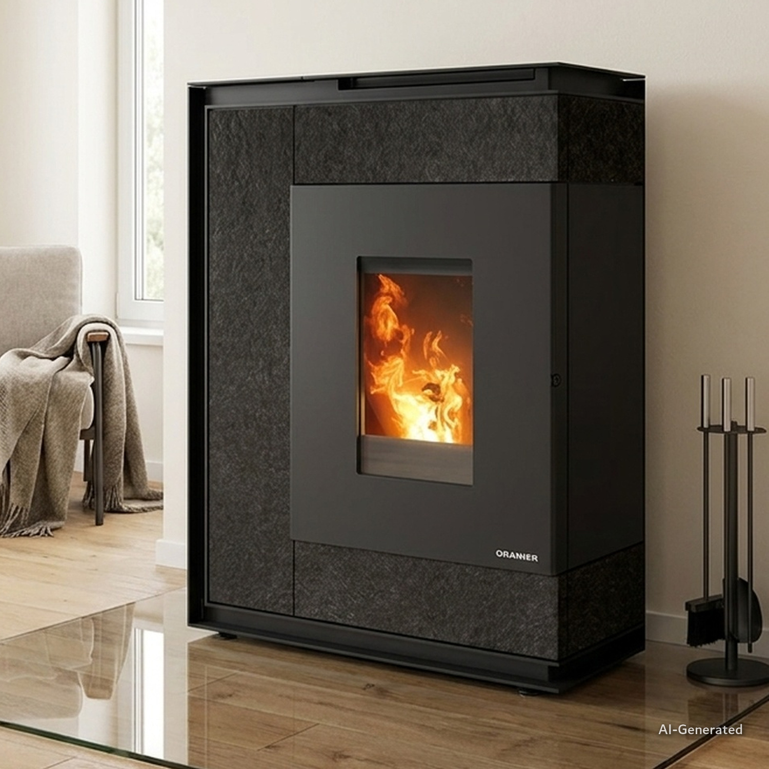 Oranier Boreas Aqua Next wasserführender Pelletofen 9,5 kW Sintered Stone Schiefer Rauchrohranschluss oben