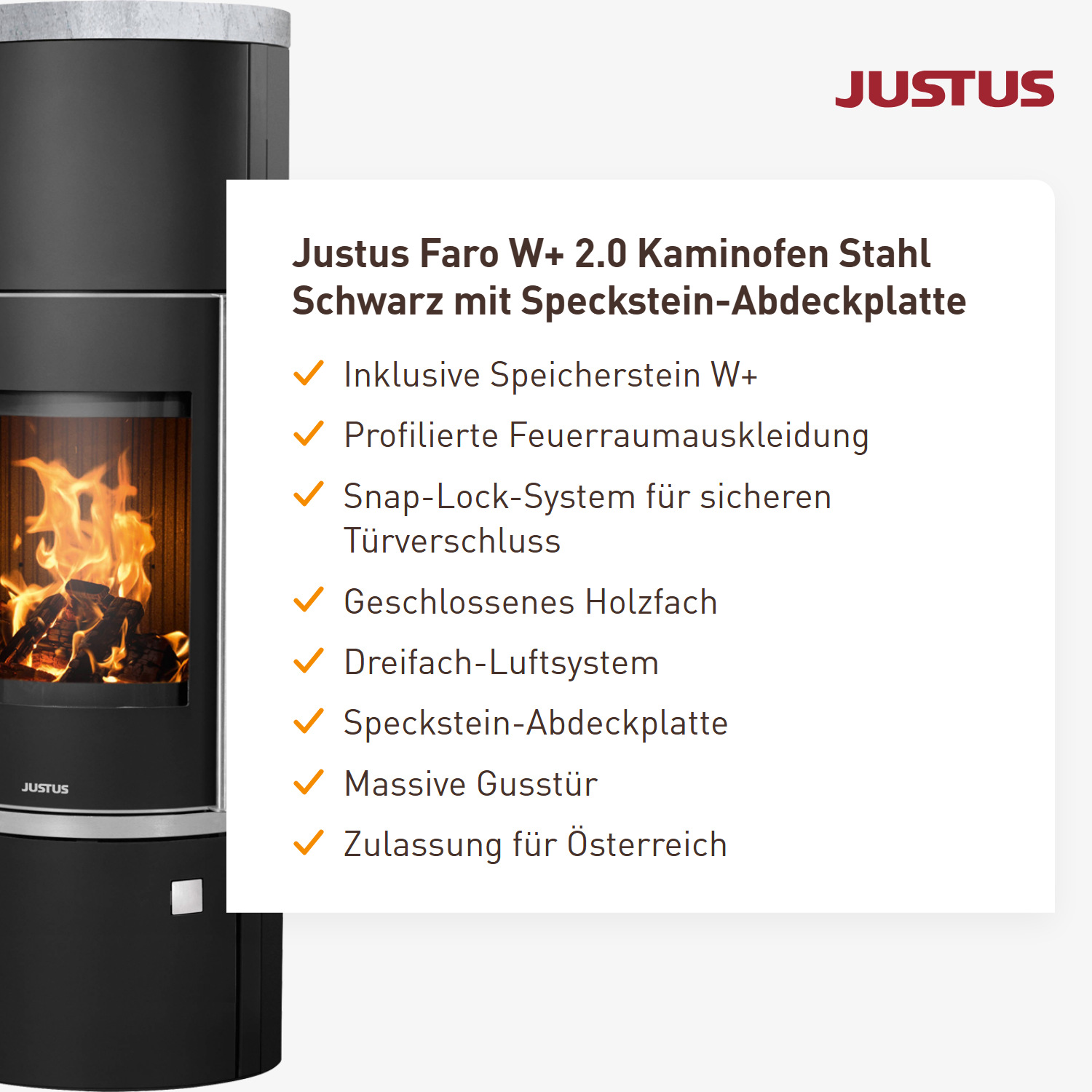 Justus Faro W+ 2.0 Kaminofen Stahl Schwarz mit Speckstein-Abdeckplatte