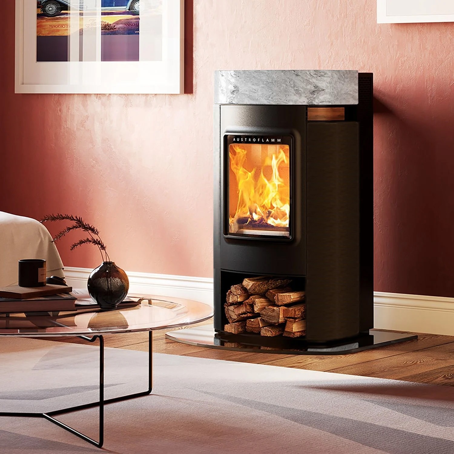 Austroflamm Elise Kaminofen Stahl schwarz, Natursteindeckel Marble Grey Clouds