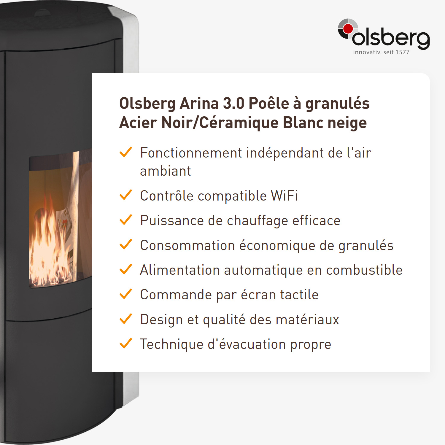 Olsberg Arina 3.0 poêle à granulés acier noir/céramique blanc neige