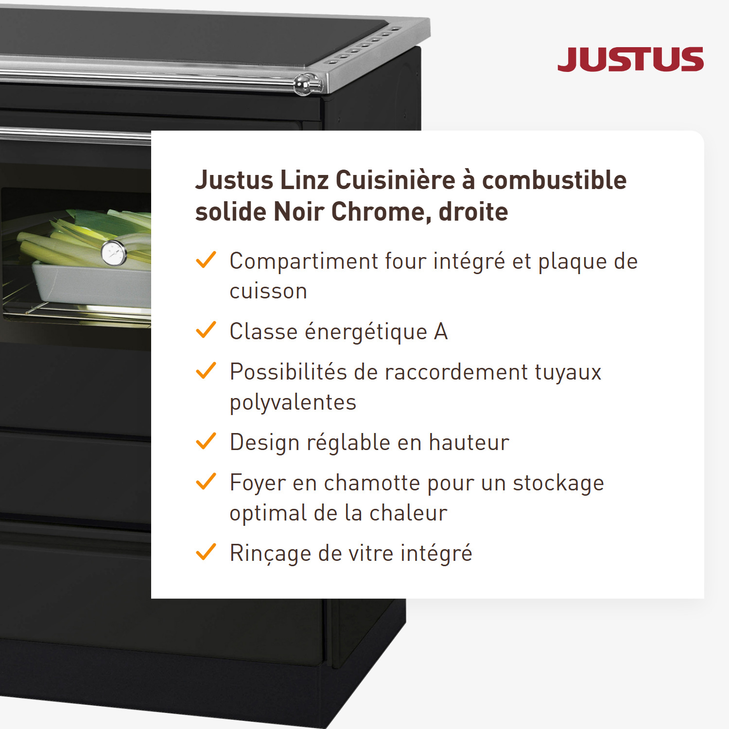 Justus Linz cuisinière à bois noir chromé, à droite