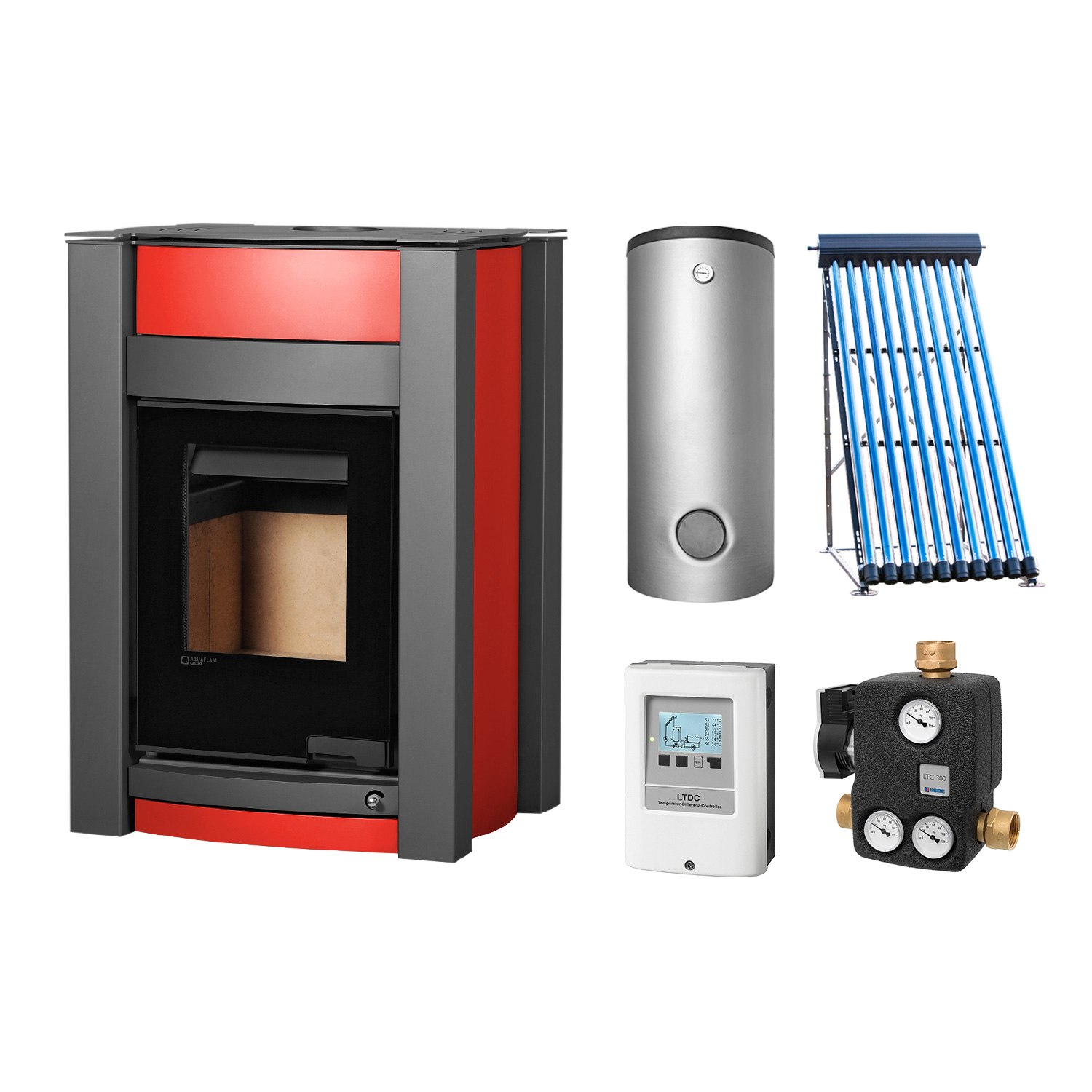 Aquaflam Vario Kalmar Basic Red Set + Solarthermie-Set 2 (11 m²) + Kombispeicher THKE 600 + SWT