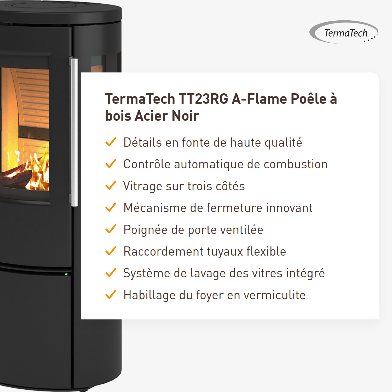 TermaTech TT23RG A-Flame Poêle à bois Acier Noir