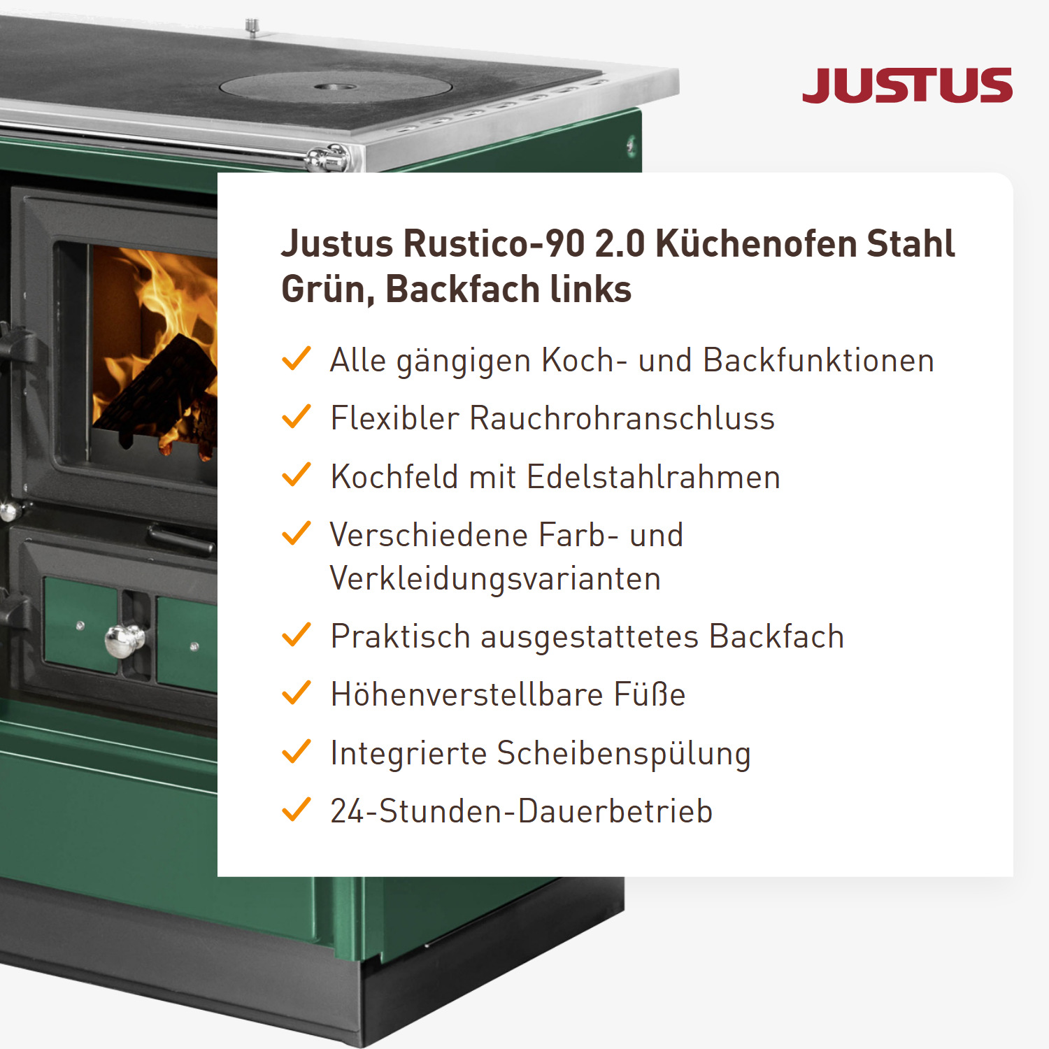 Justus Rustico-90 2.0 Küchenofen Stahl Grün, Backfach links