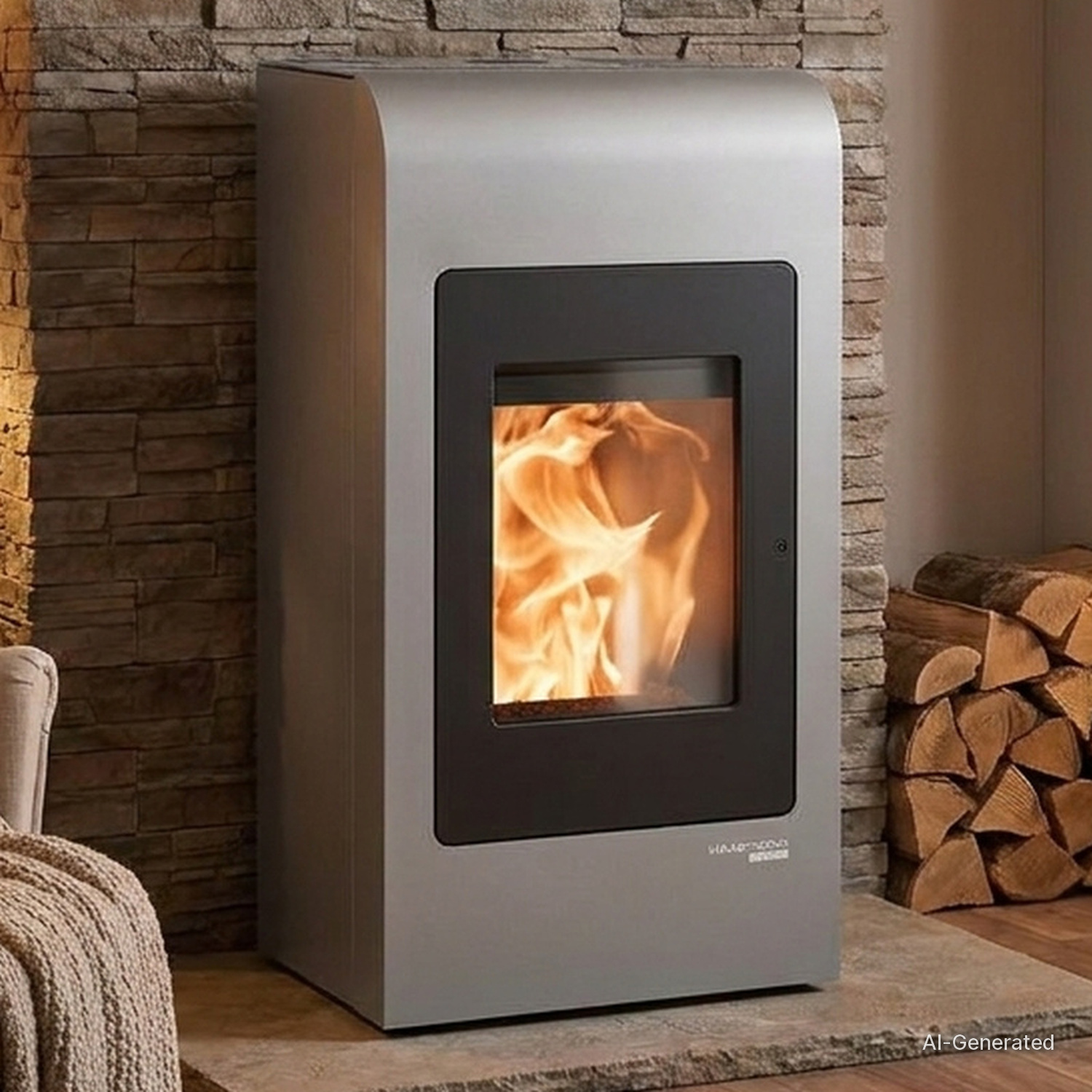 KI-generierte Darstellung: Haas+Sohn P Pelletofen HSP 2.rounded in Perl-Grau mit brennendem Feuer, in einem Raum mit Steinwand und Holzstapel