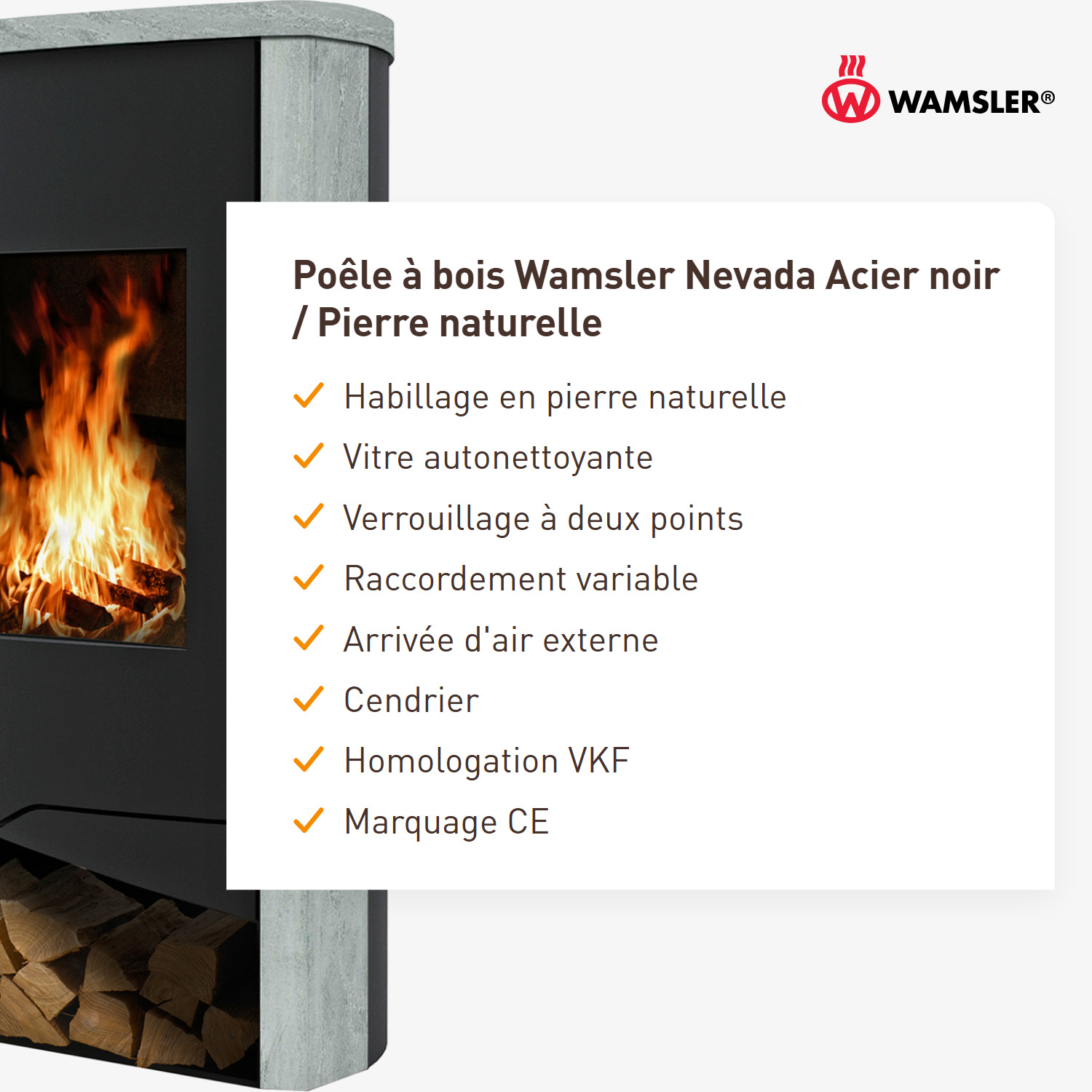 Wamsler Nevada poêle à bois acier noir/ pierre naturelle