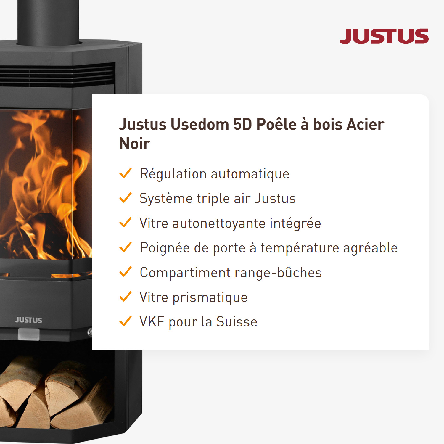 Justus Usedom 5D Poêle à bois Acier Noir
