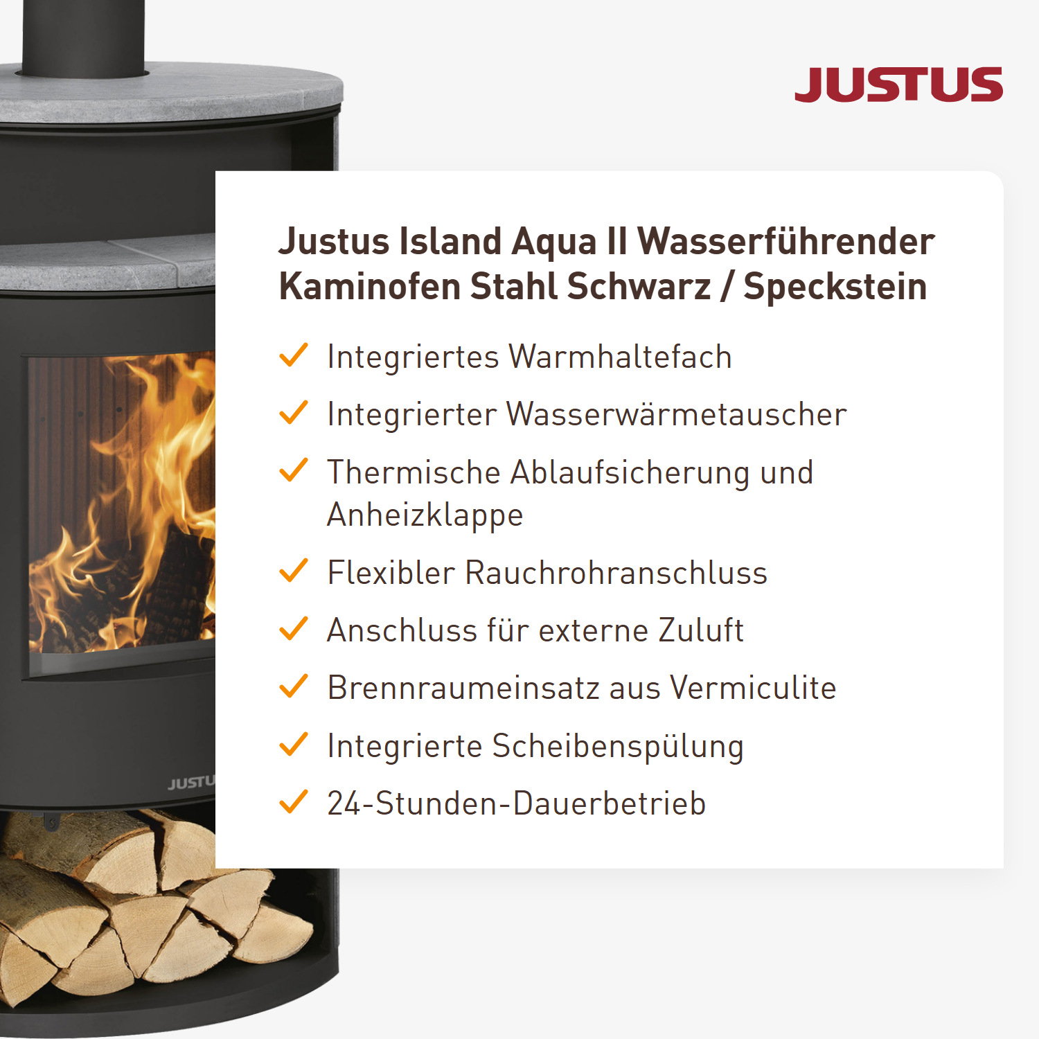 Justus Island Aqua II Wasserführender Kaminofen Stahl Schwarz / Speckstein