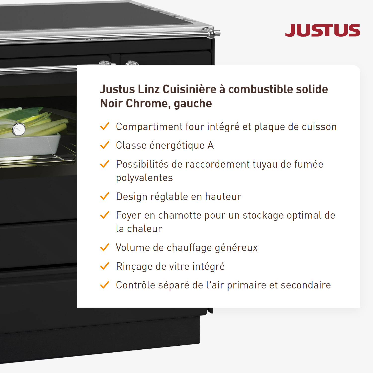Justus Linz cuisinière à bois noir chromé, gauche