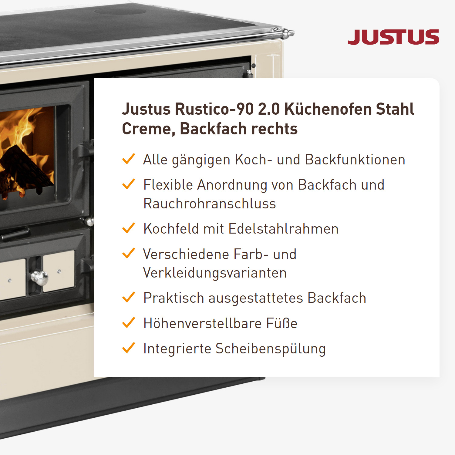 Justus Rustico-90 2.0 Küchenofen Stahl Creme, Backfach rechts