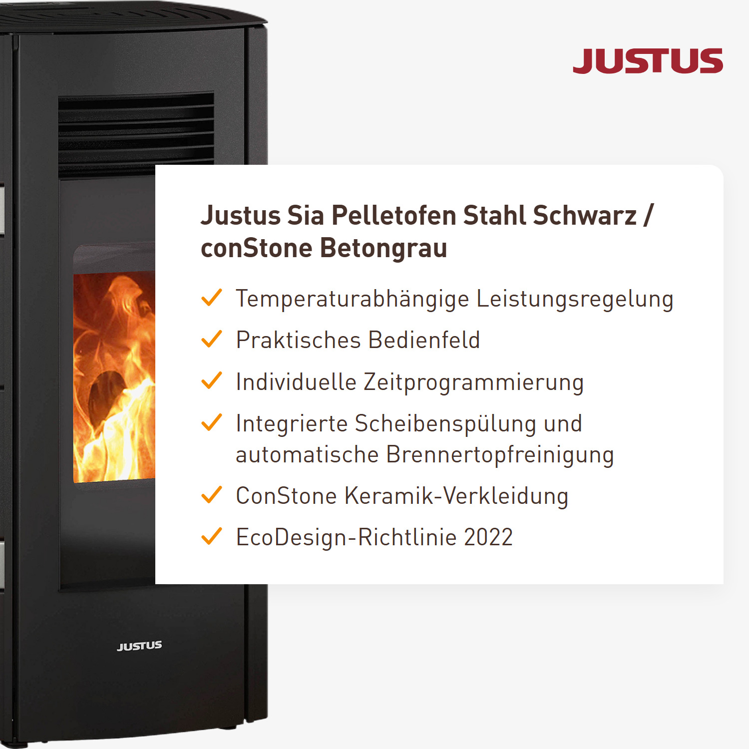 Justus Sia Pelletofen Stahl Schwarz / conStone Betongrau