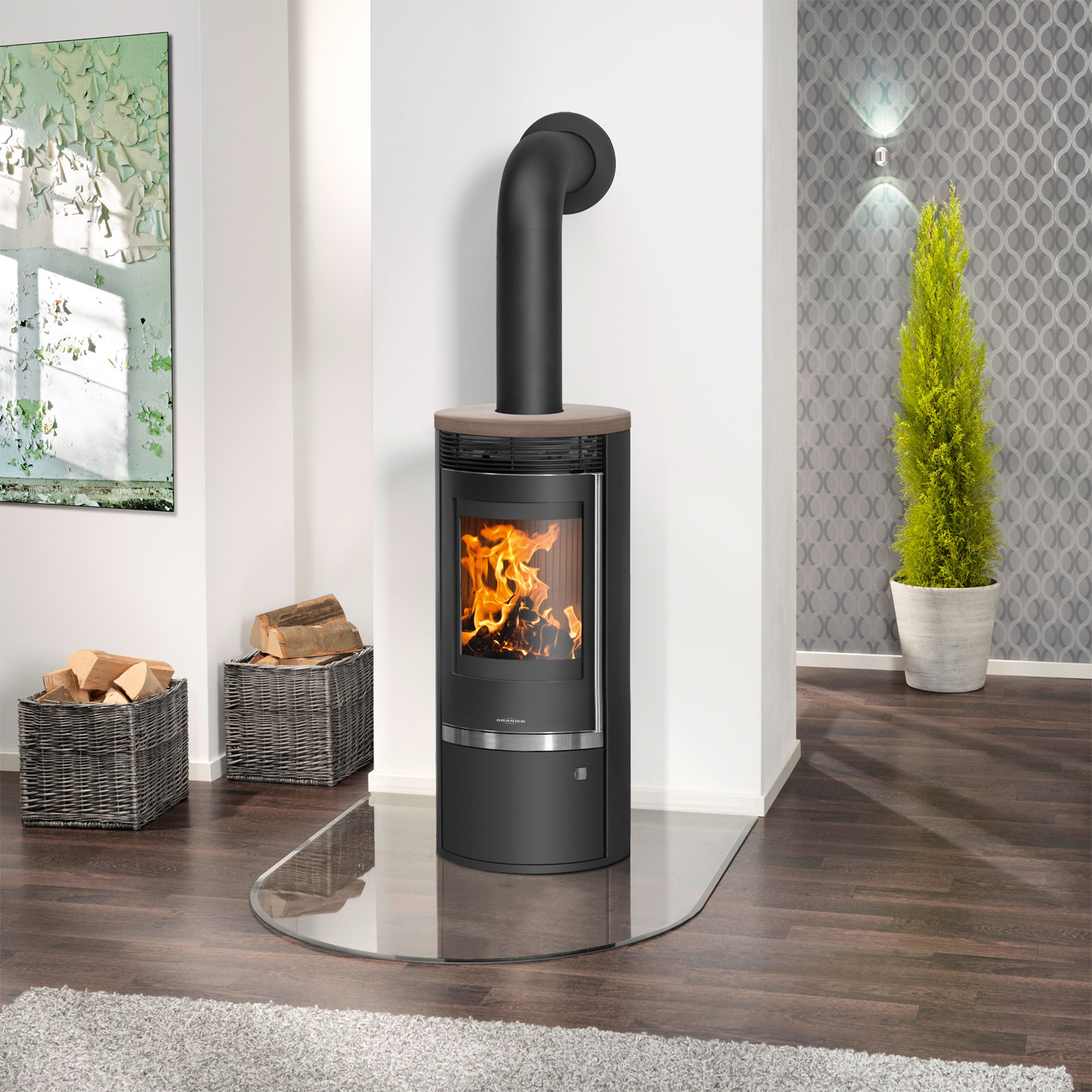 Oranier Rota Top 2.0 Kaminofen Stahl Schwarz mit Abdeckplatte Keramik Grappa