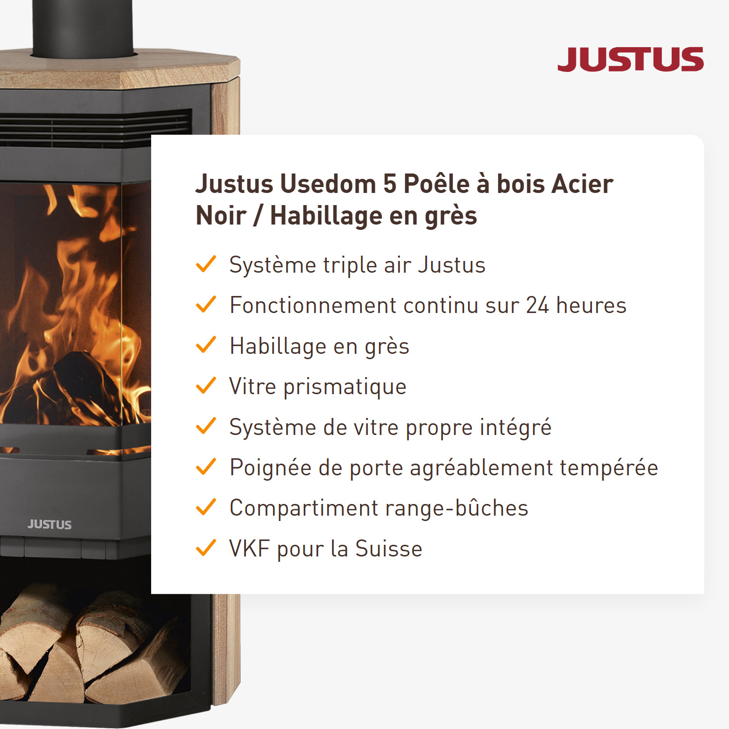 Justus Usedom 5 Poêle à bois acier noir / habillage en grès