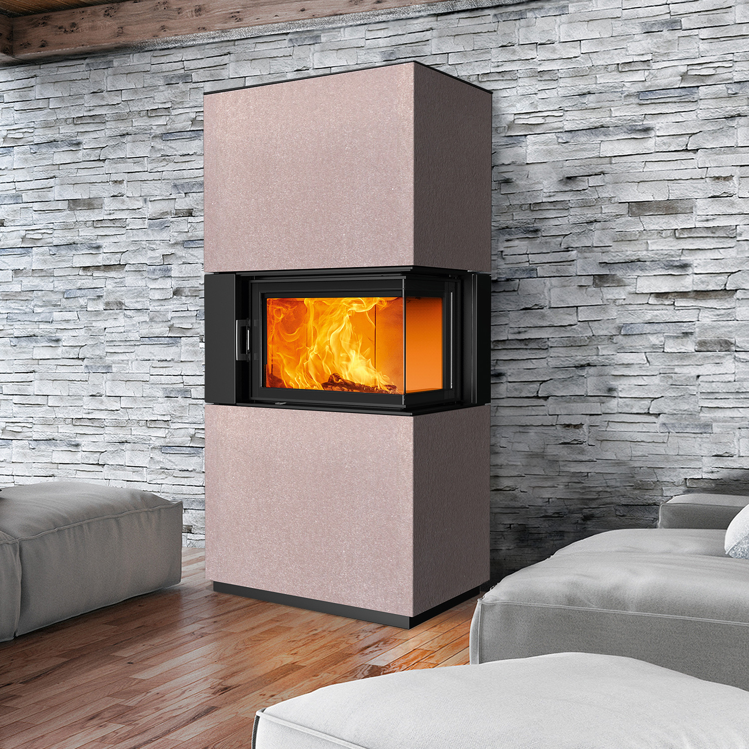 Austroflamm Sam 2.0 Kaminbausatz Eckverglasung rechts mit Klapptür Beton Terra